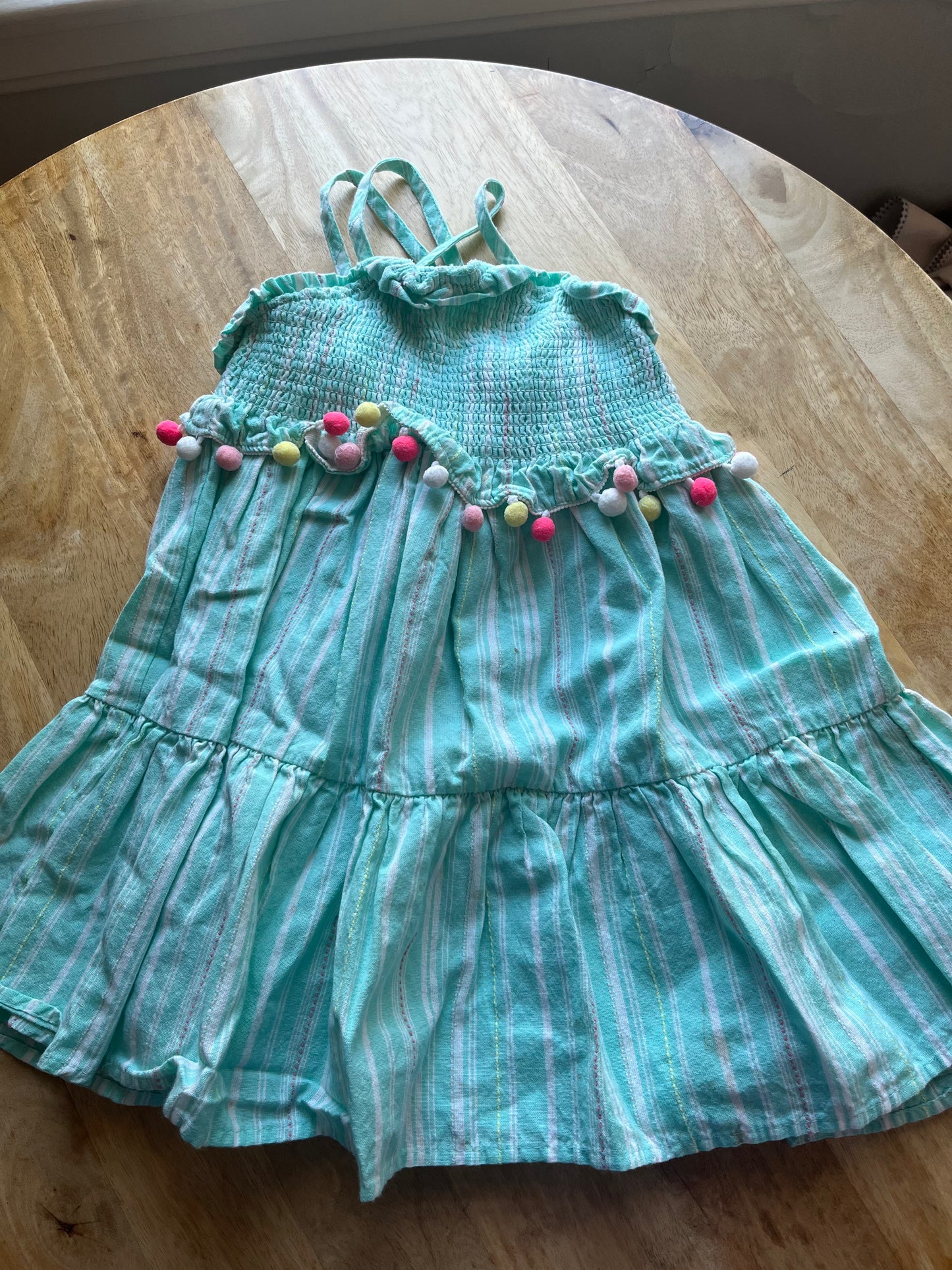 #97- Tahari Girls 4T Mint Green Smocked Tiered Dress with Pom Pom trim