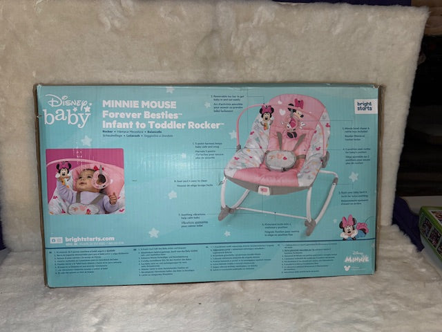 #84 Minnie Mouse Disney baby 2-in-1 Slip Resistant Vibrating Infant & Toddler Baby Rocker Chair by Bright Stars. NIB (reduced)