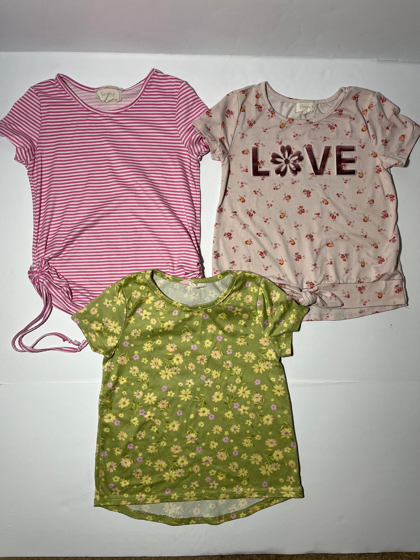 #150 REDUCED girls size 7 soft shirts love, pink stripe, green flowers bkind btween