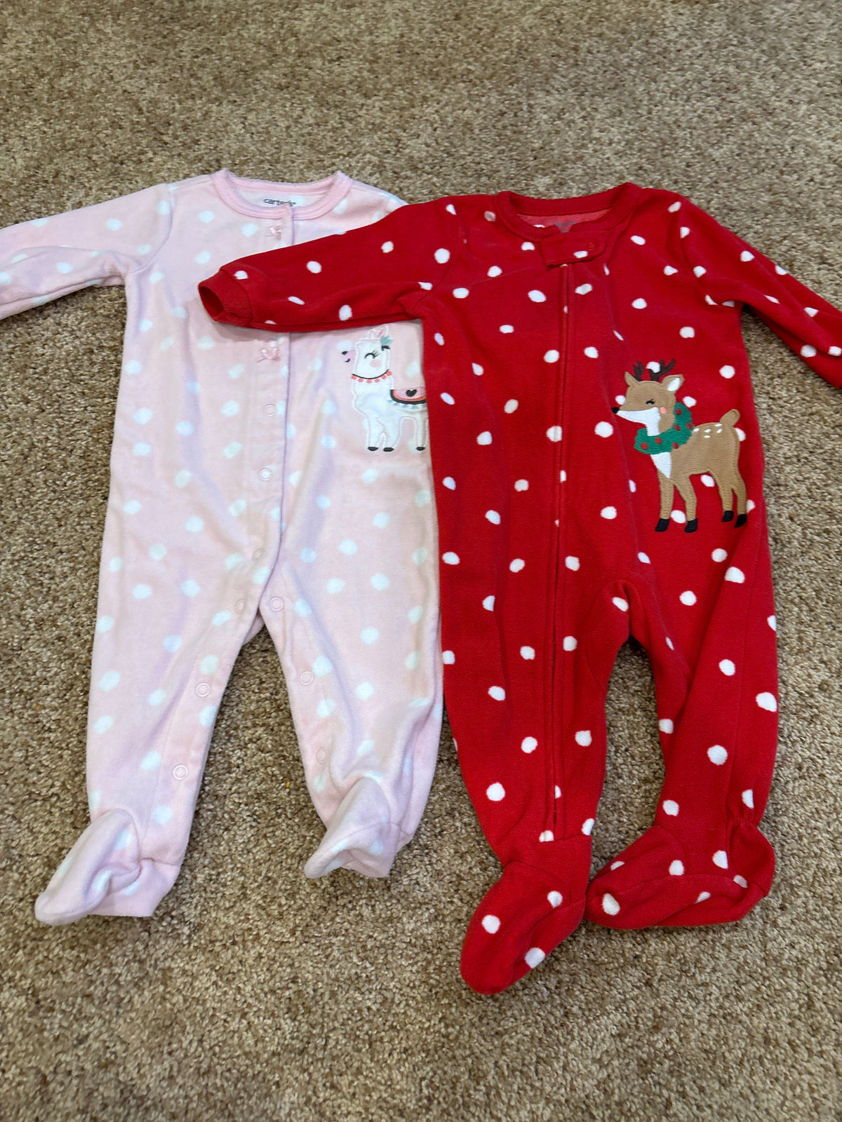 #47, girls 6mo, Carter’s pink and red fleece holiday pajamas