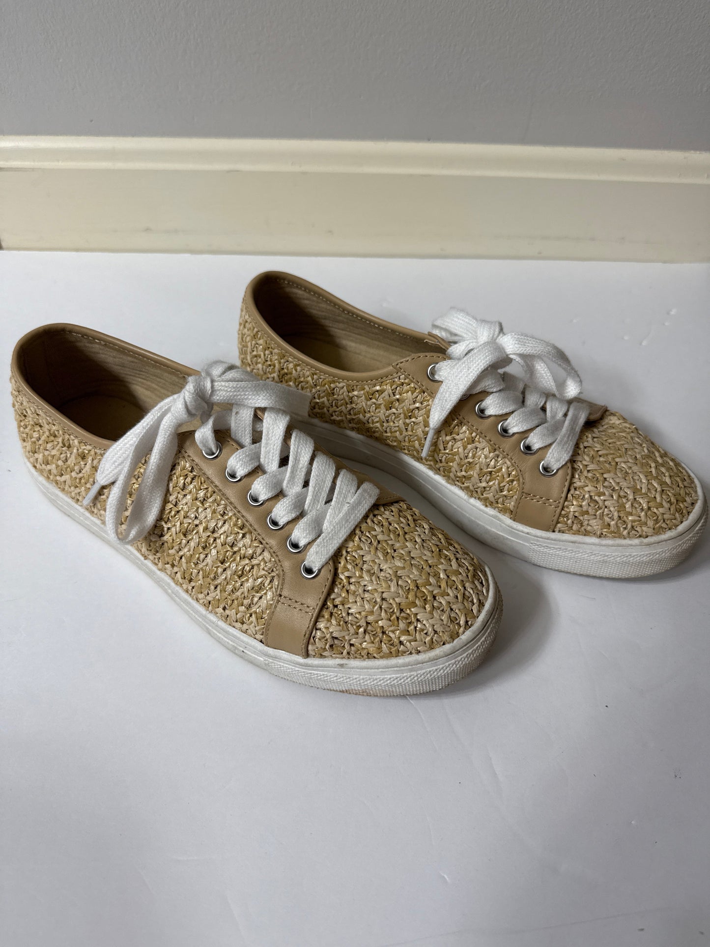 Seller #216, Women’s Tahari brown straw designer sneakers, sz 8 GUC
