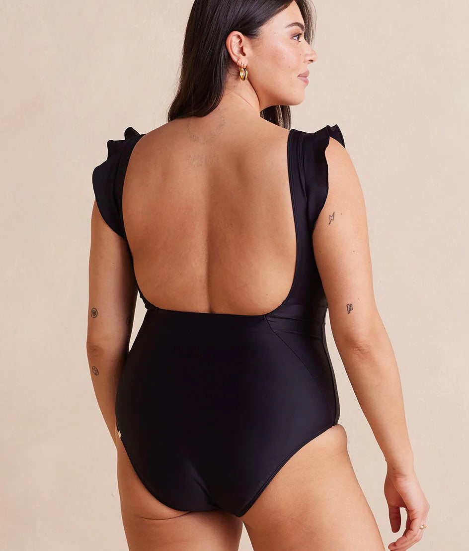 Seller #105 - NWT Women’s 12 Long Torso Black SummerSalt Backflip Ruffle Swimsuit
