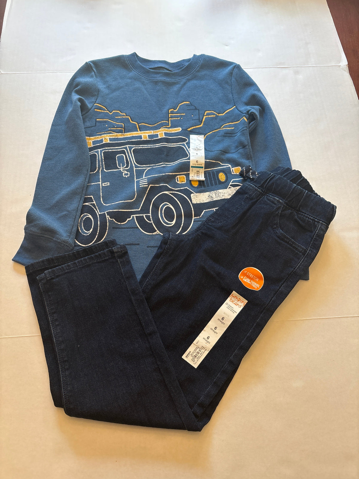 Seller 118 NWT Boys Jumping Beans Jeep waffle shirt and elastic waist jeans. Size 6