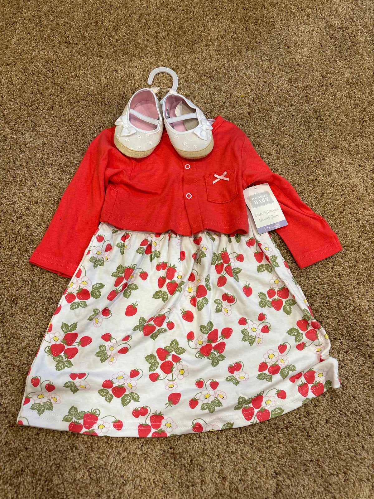 #47 girls 9-12months, strawberry dress and sweater with shoes, boutique, new with tags