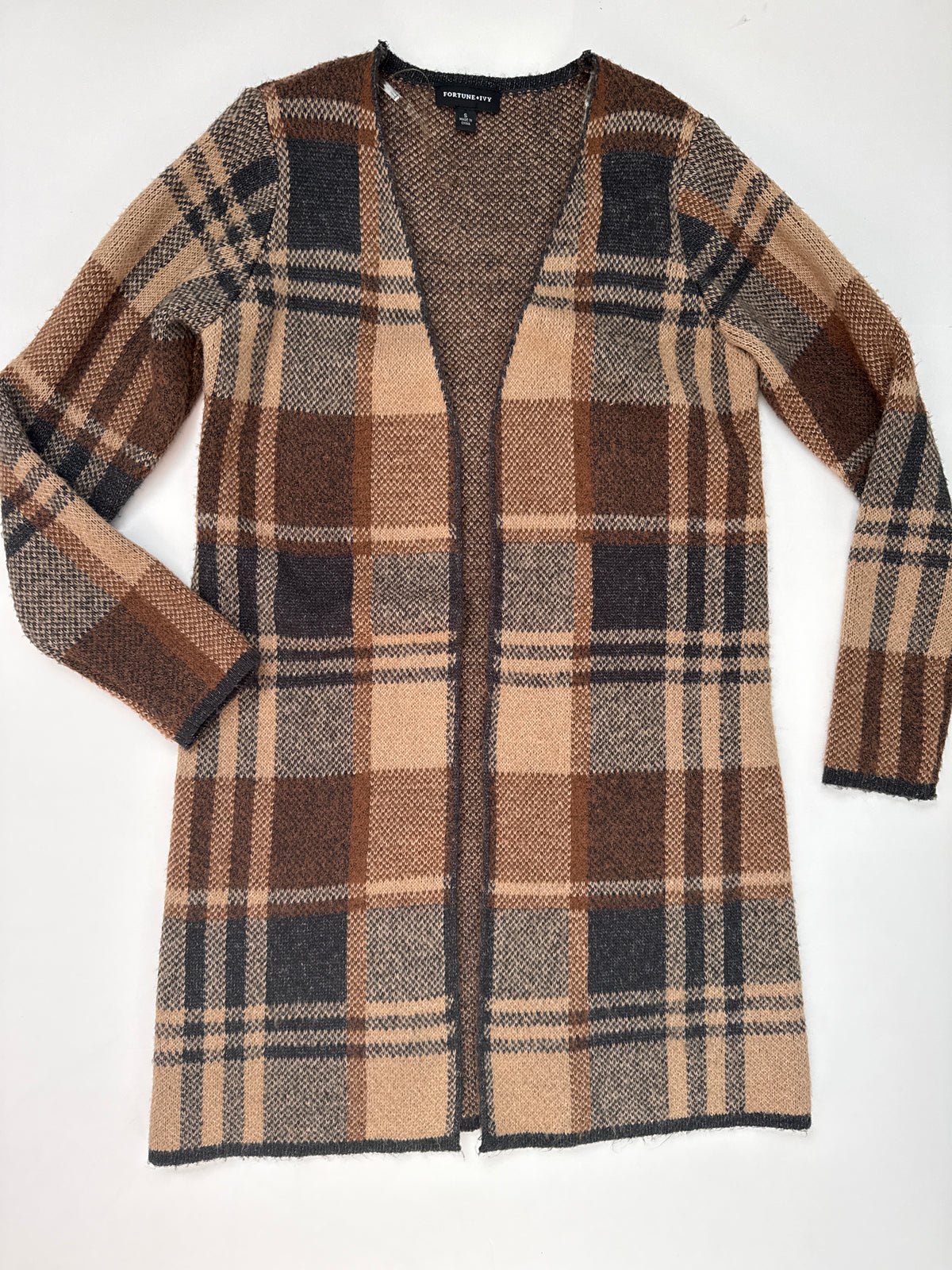 #64 Fortune & Ivy Long Plaid Open Cardigan Size S