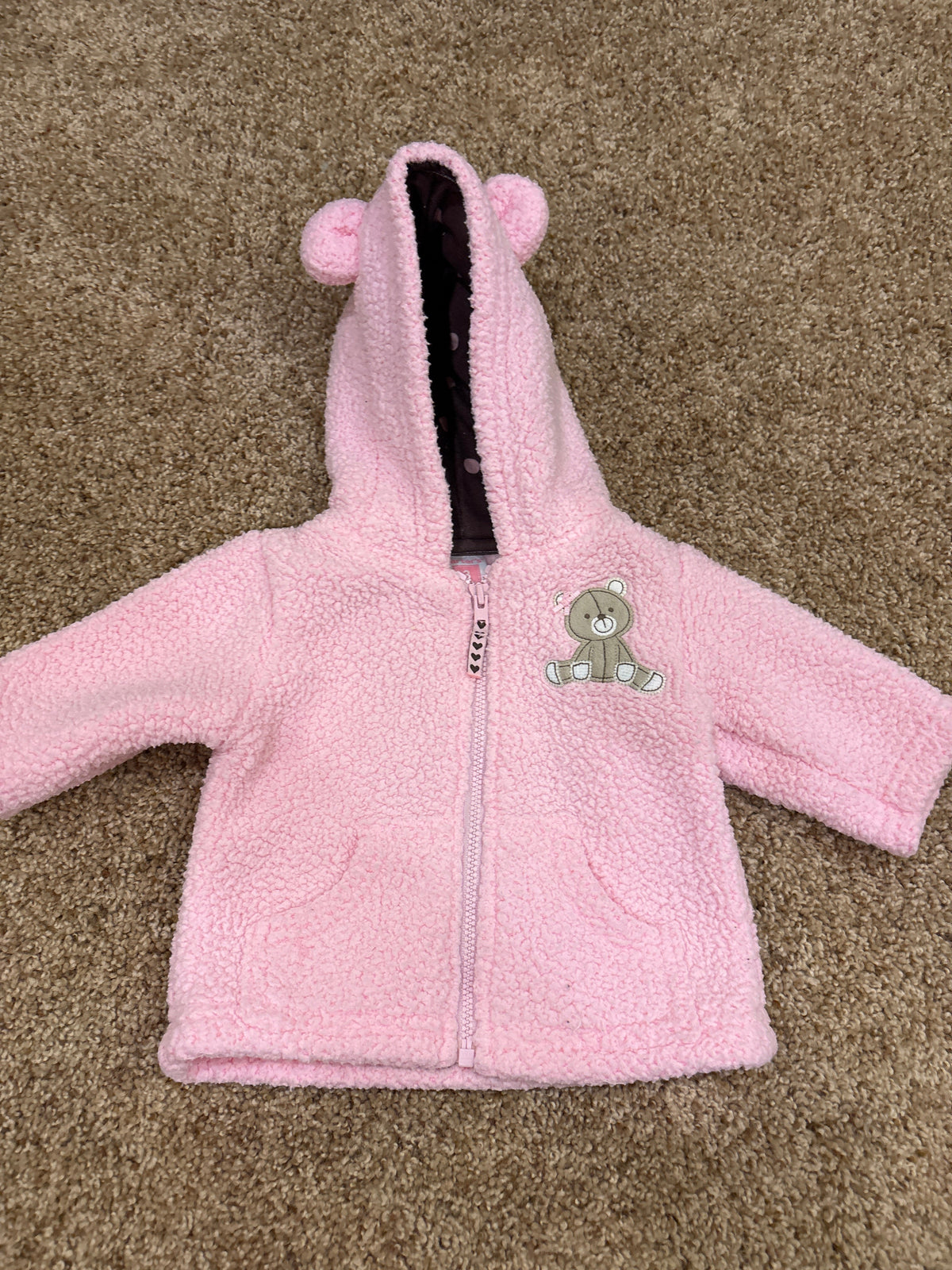 #47, girls size 3mo, Carter’s pink hooded zip-up sweatshirt