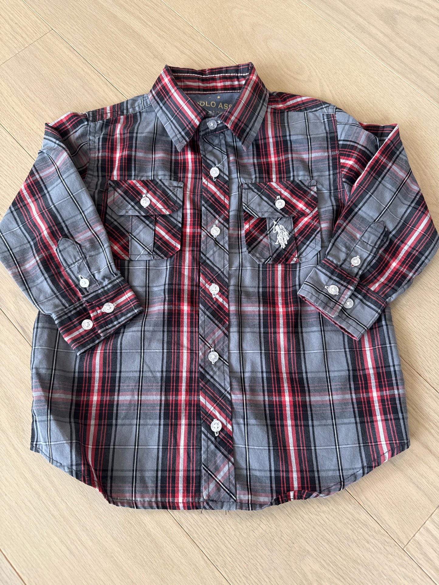 Seller #216 Boys Polo Assn red and grey plaid button down shirt, sz 3T EUC