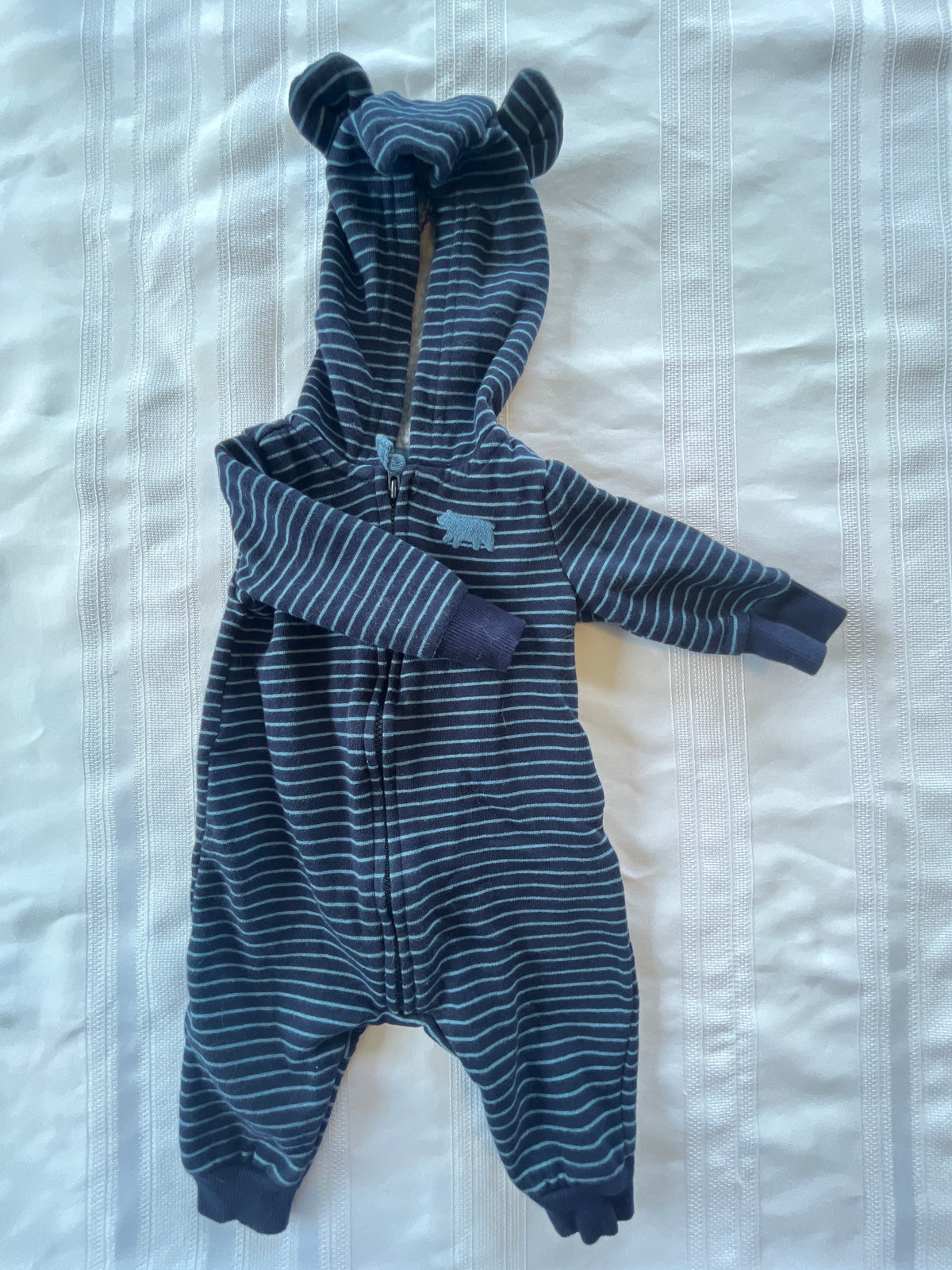 #43 Boys 3 mo hooded romper EUC