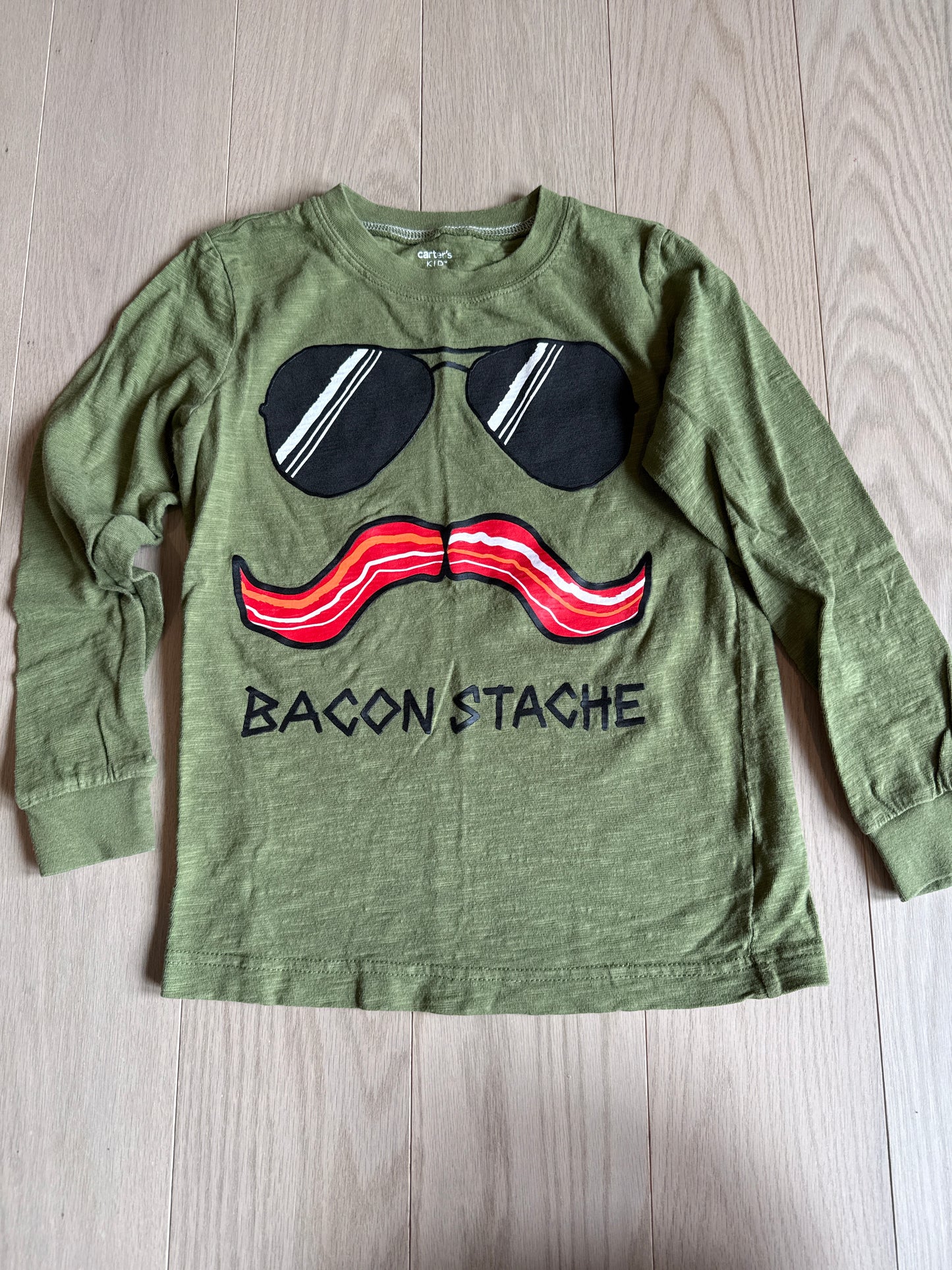 Seller #216 Boys Carters long sleeve tshirt ‘baconstache’, sz 8 EUC