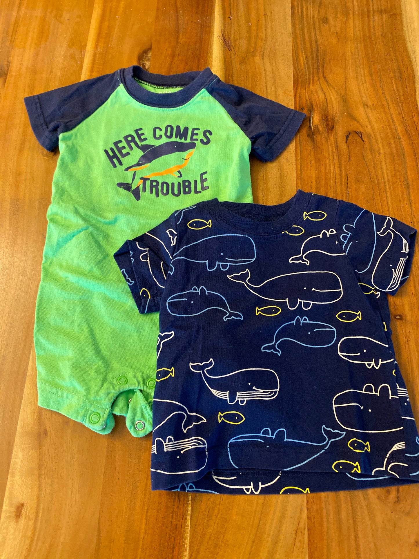 #14-boys 6-9 months shirt and romper