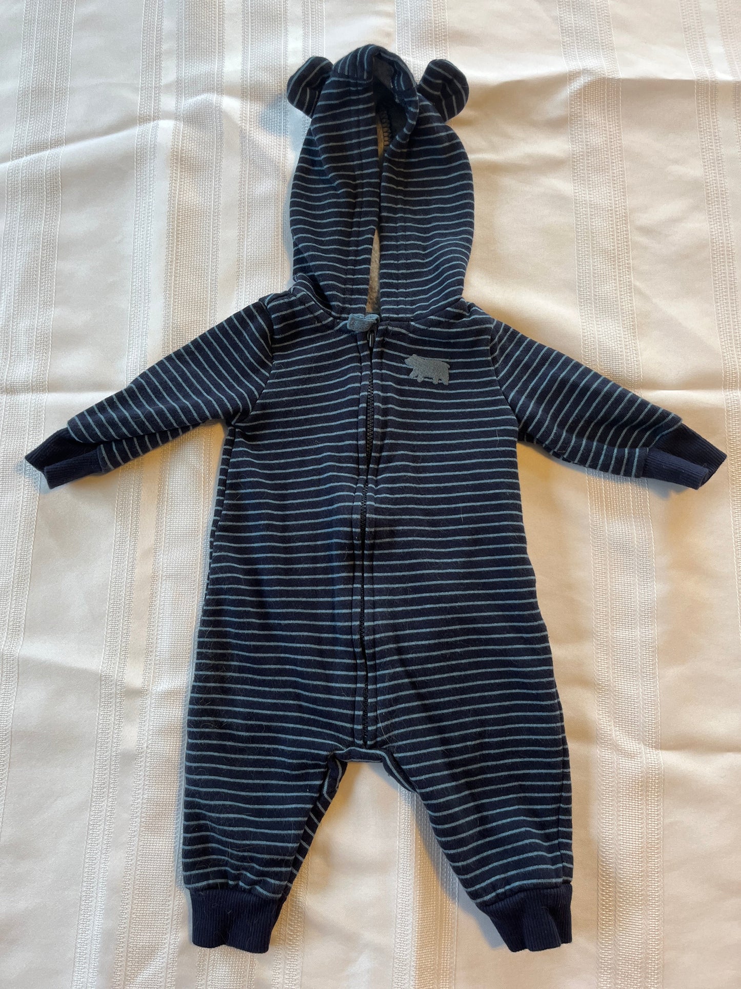 #29 3 mo Boys Carters hooded romper EUC