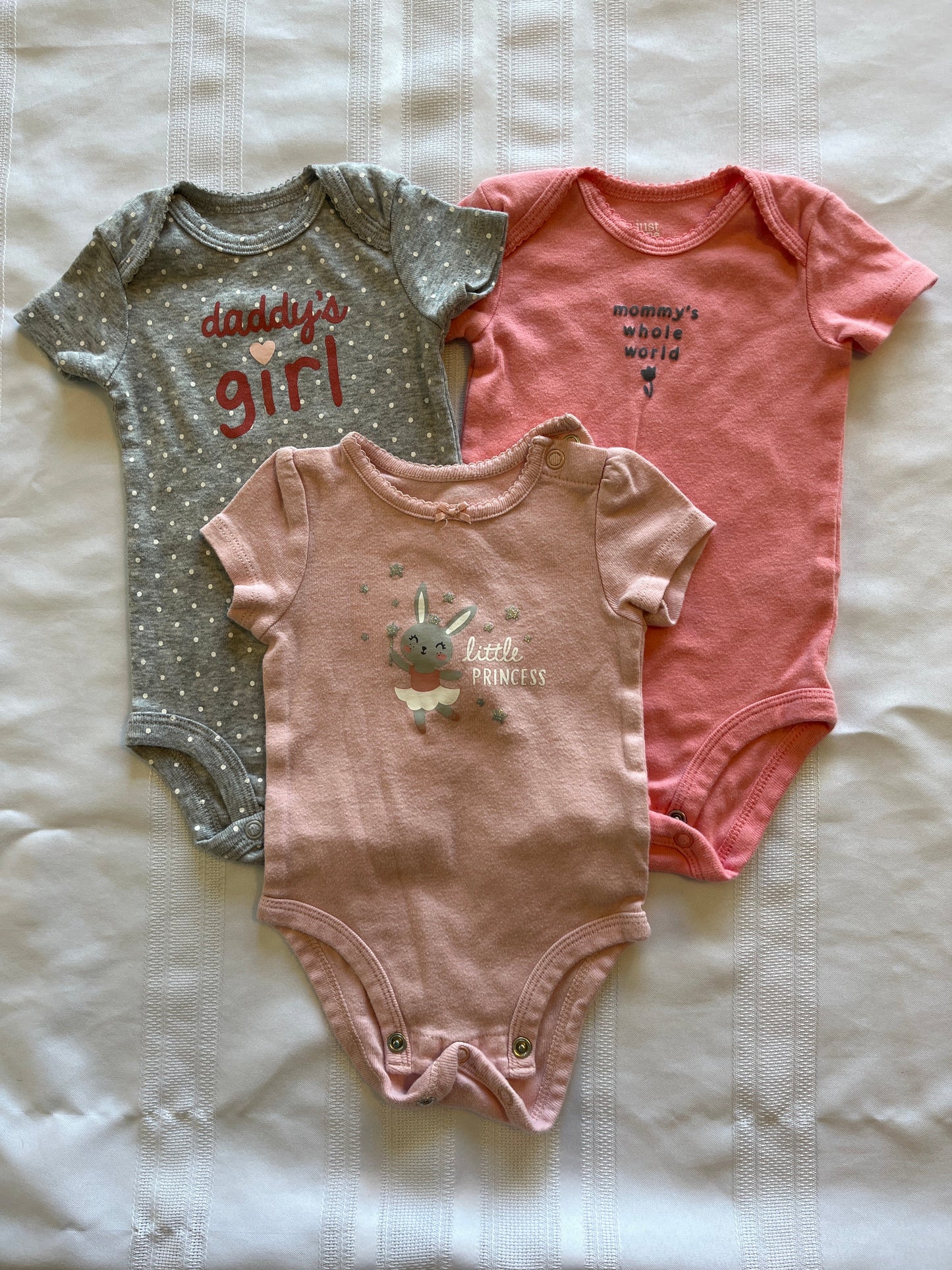 #29 3 mo girls mom, dad, and me onesie bundle EUC