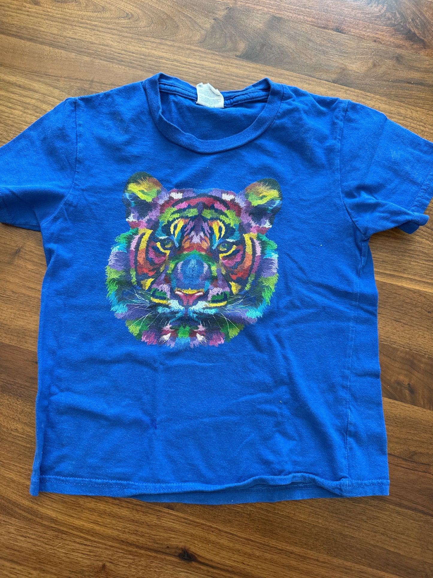Seller 179 - Gender Neutral Youth XS blue t-shirt with rainbow tiger