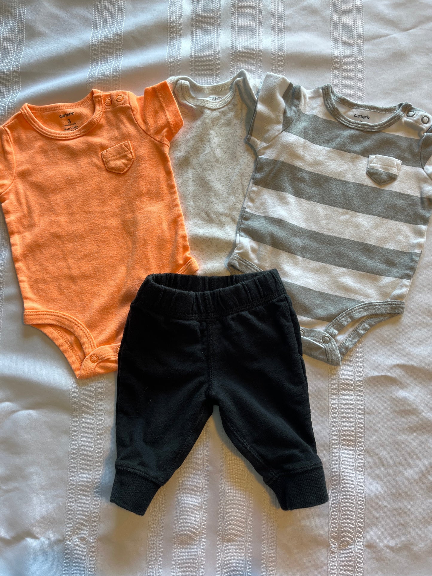 #29 3 mo boys pants and onesie bundle EUC