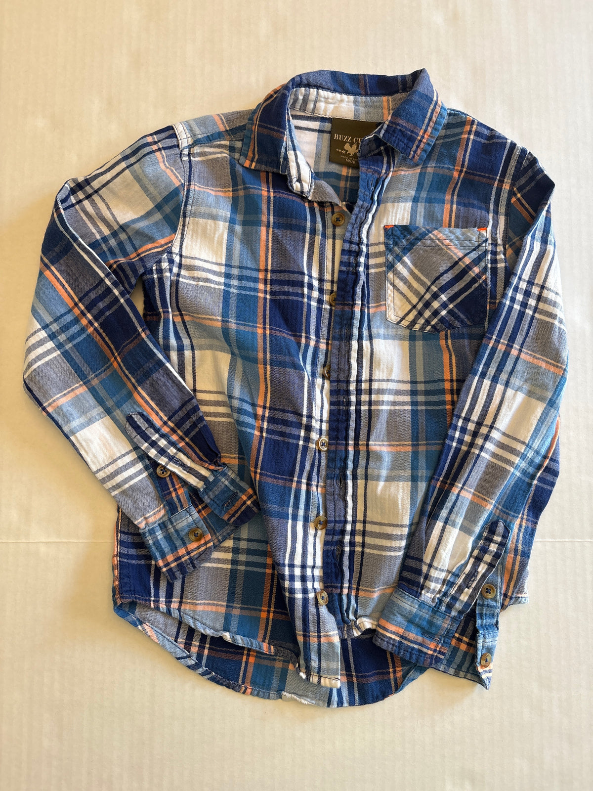 Seller 118 VGUC Boys Buzz Cuts Blue/Orange/White button down. Size 5/6