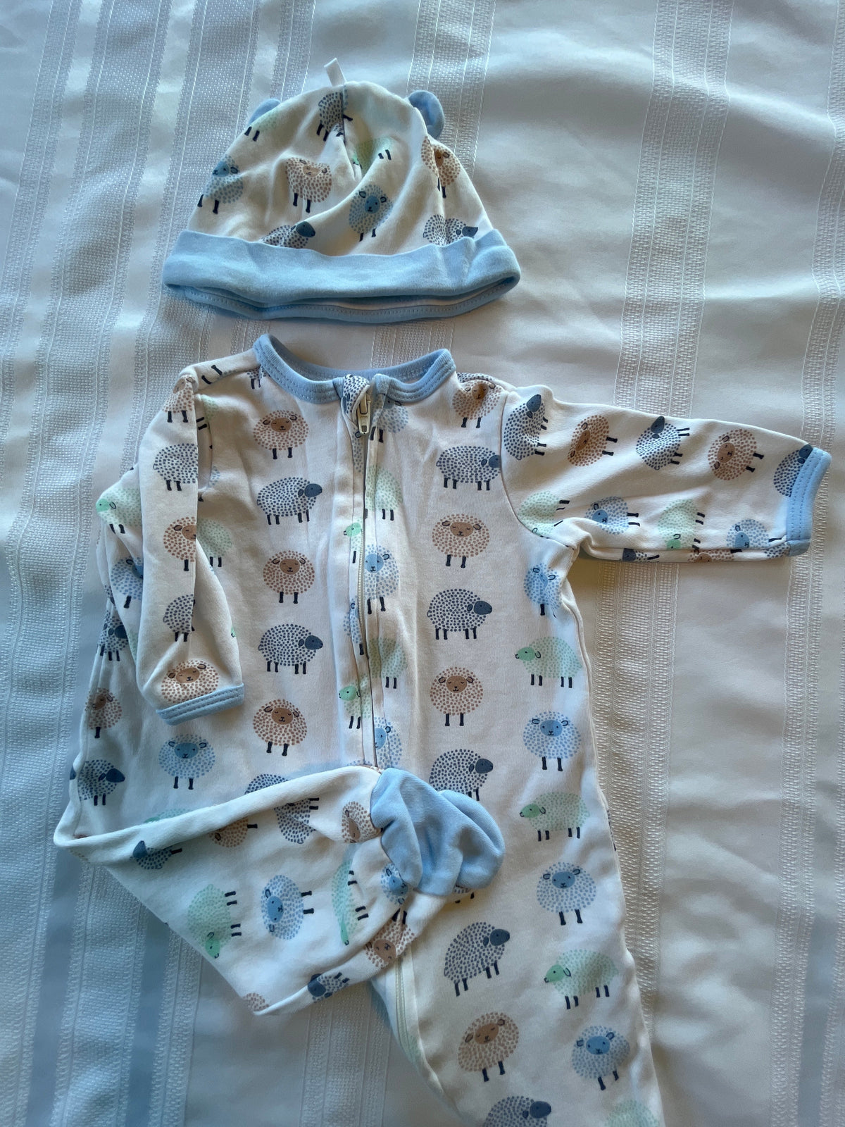 #43 Boys 3 mo Little Me footed romper with hat EUC