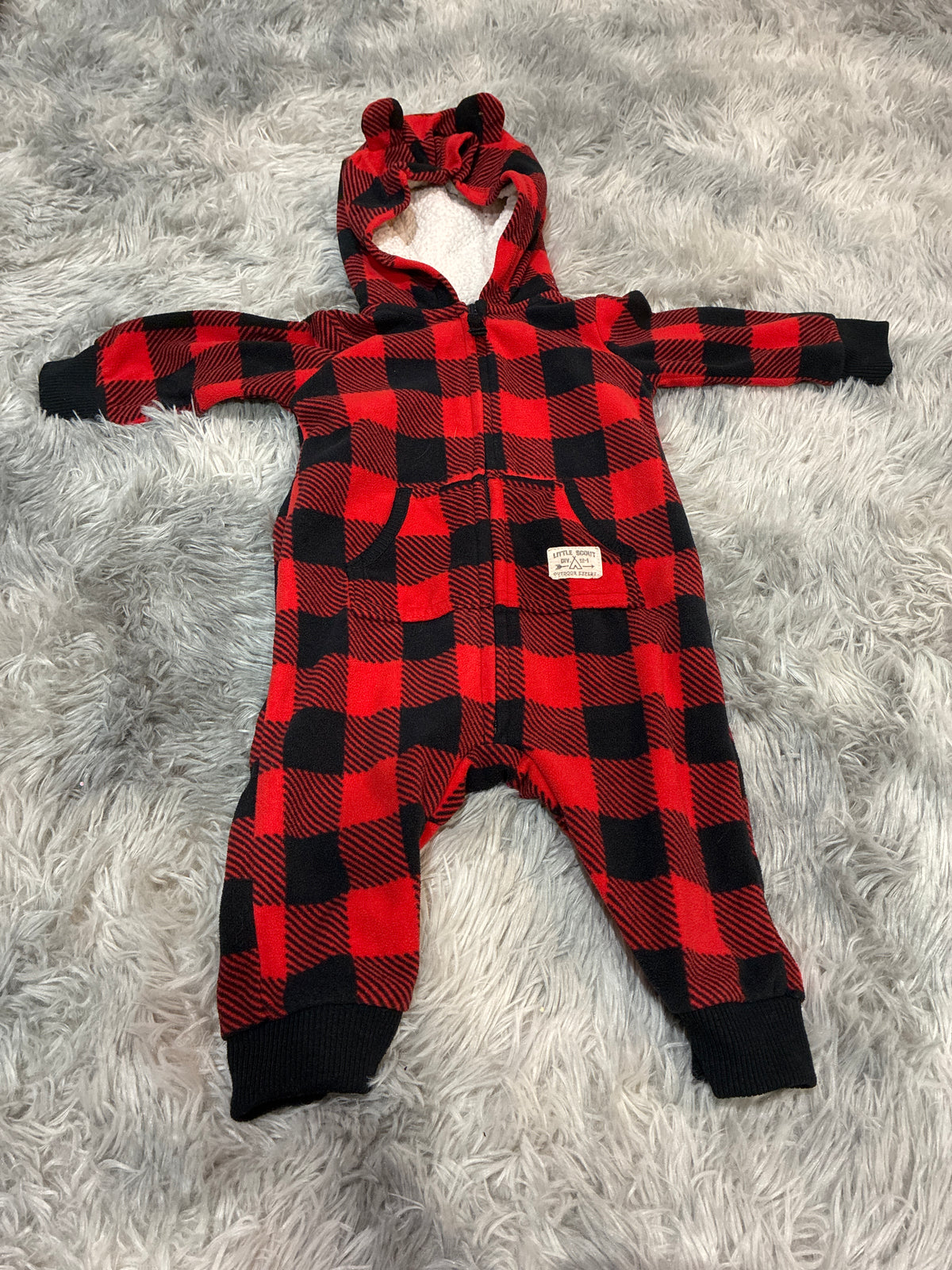 SCO46-fleece long sleeve romper- gender neutral- 6 months- buffalo plaid