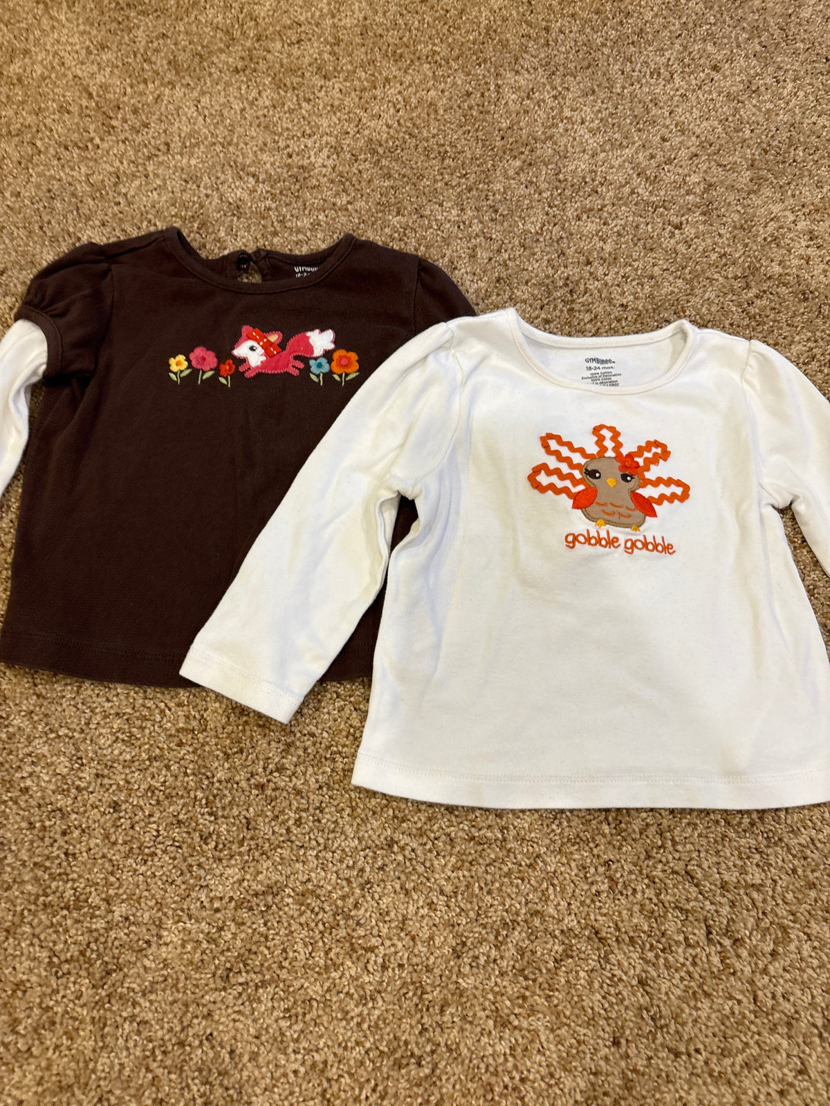 #47, girls fall and thanksgiving t-shirt, Gymboree white and brown/white long-sleeve, Size 18-24mo
