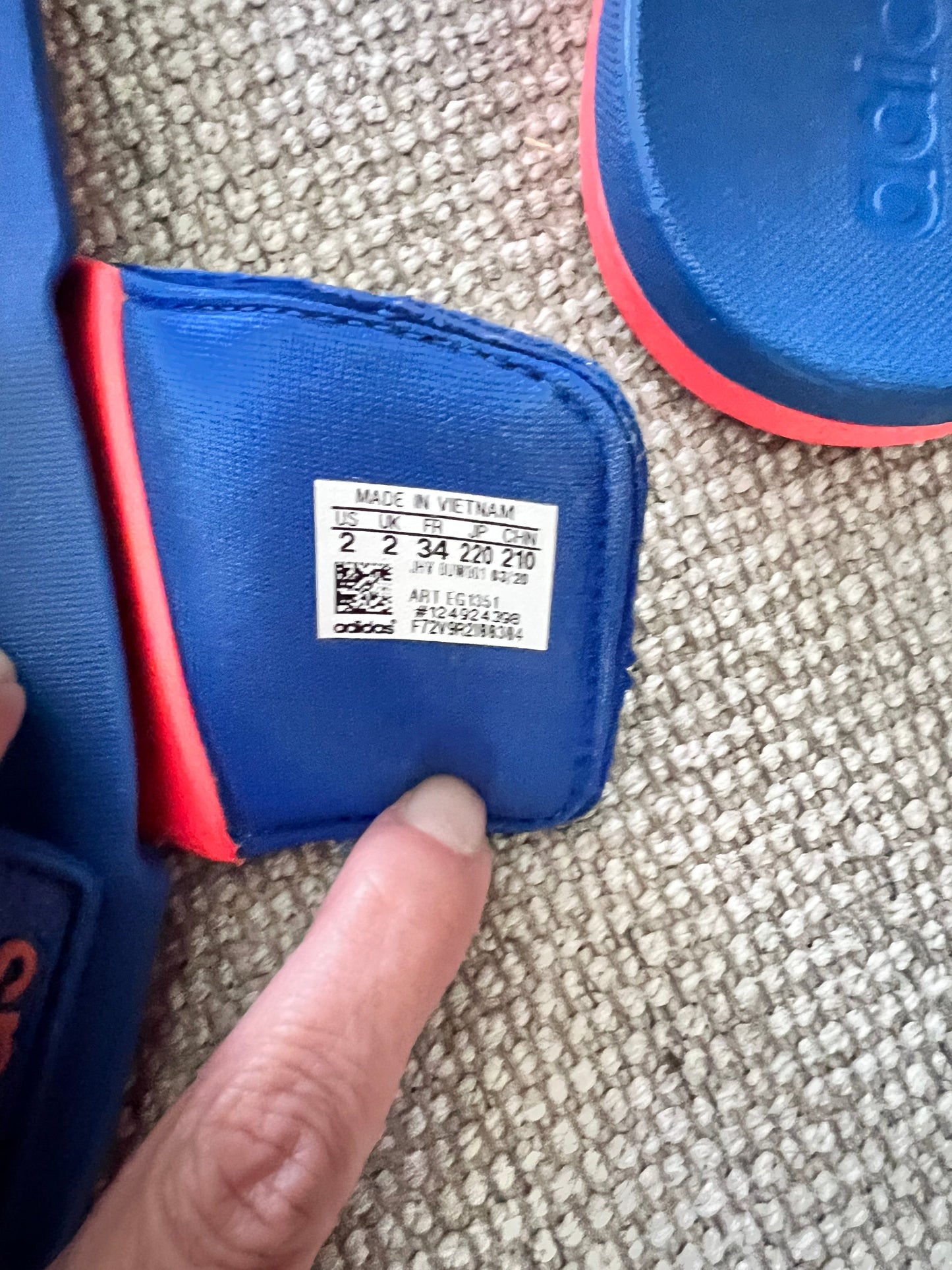 Adidas kids slides blue and orange, size 2