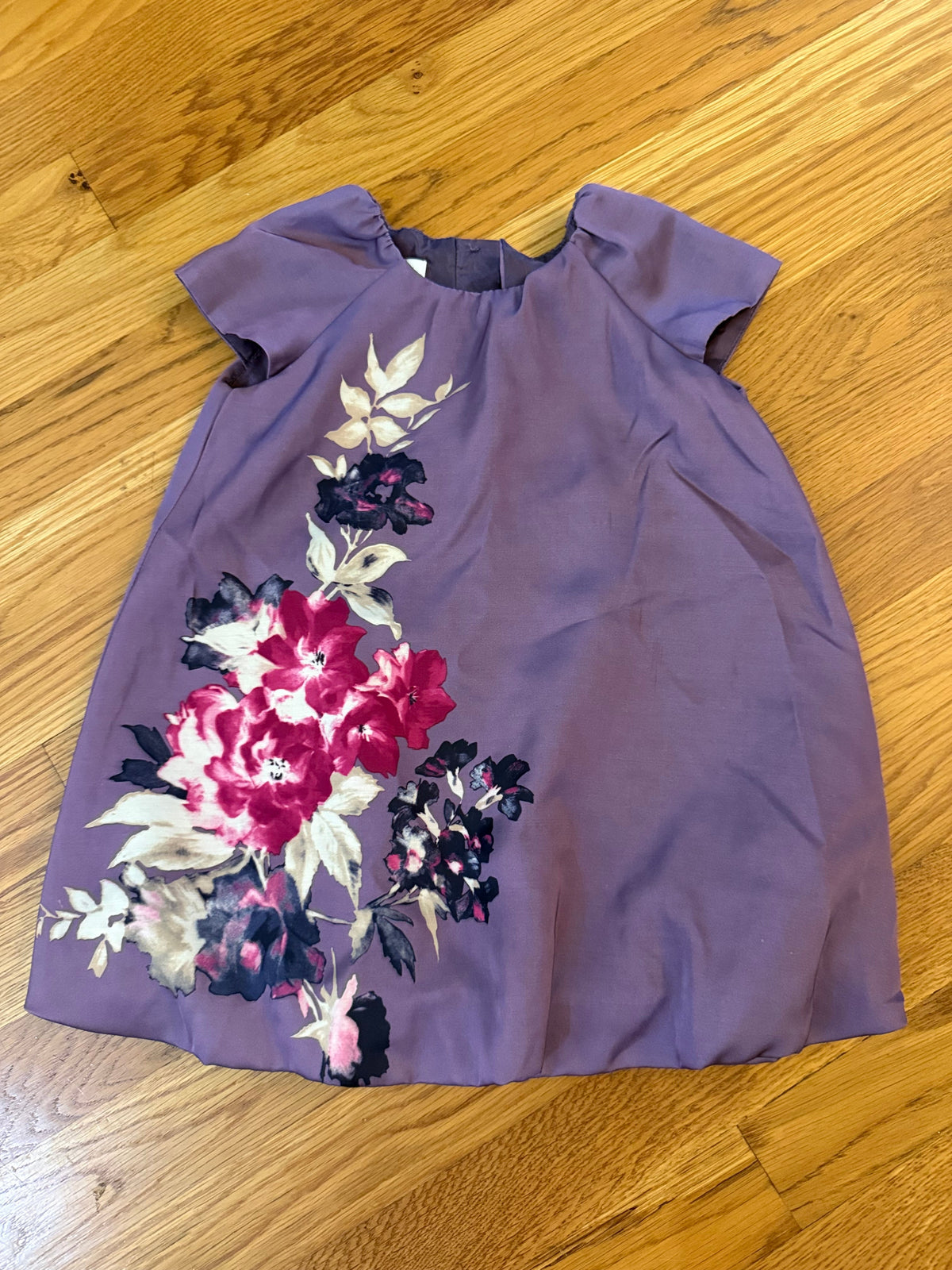 Seller #152 - Monsoon brand girls size 6-12 months purple floral satin dress with bubble hem