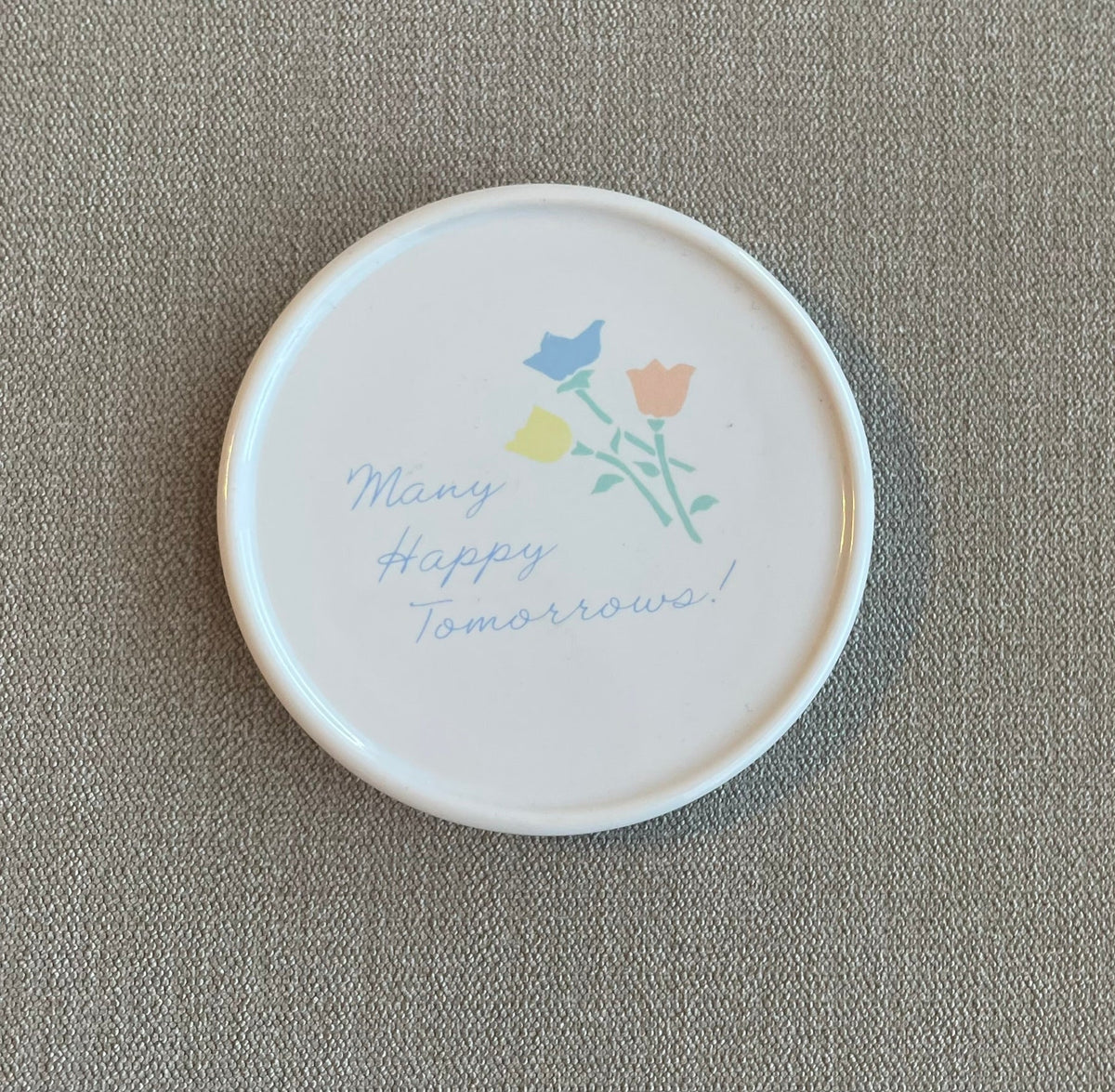 Seller #12 | Vintage Ring Dish | "Many Happy Tomorrows" with Yellow, Blue, and Pink Tulips