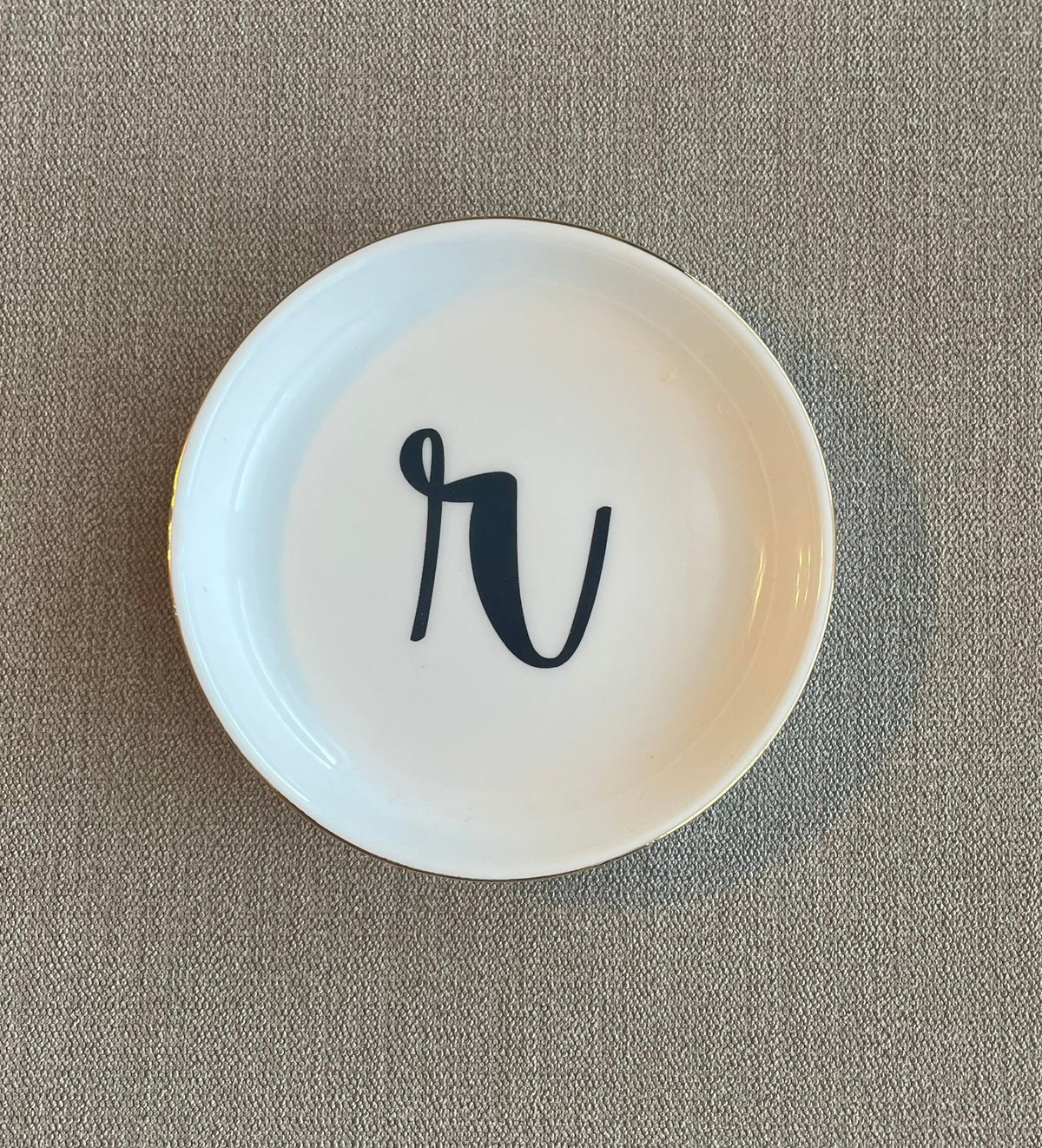 Seller #12 | Small White Ceramic Ring Dish | Black Cursive Lowercase r | Gold Rim