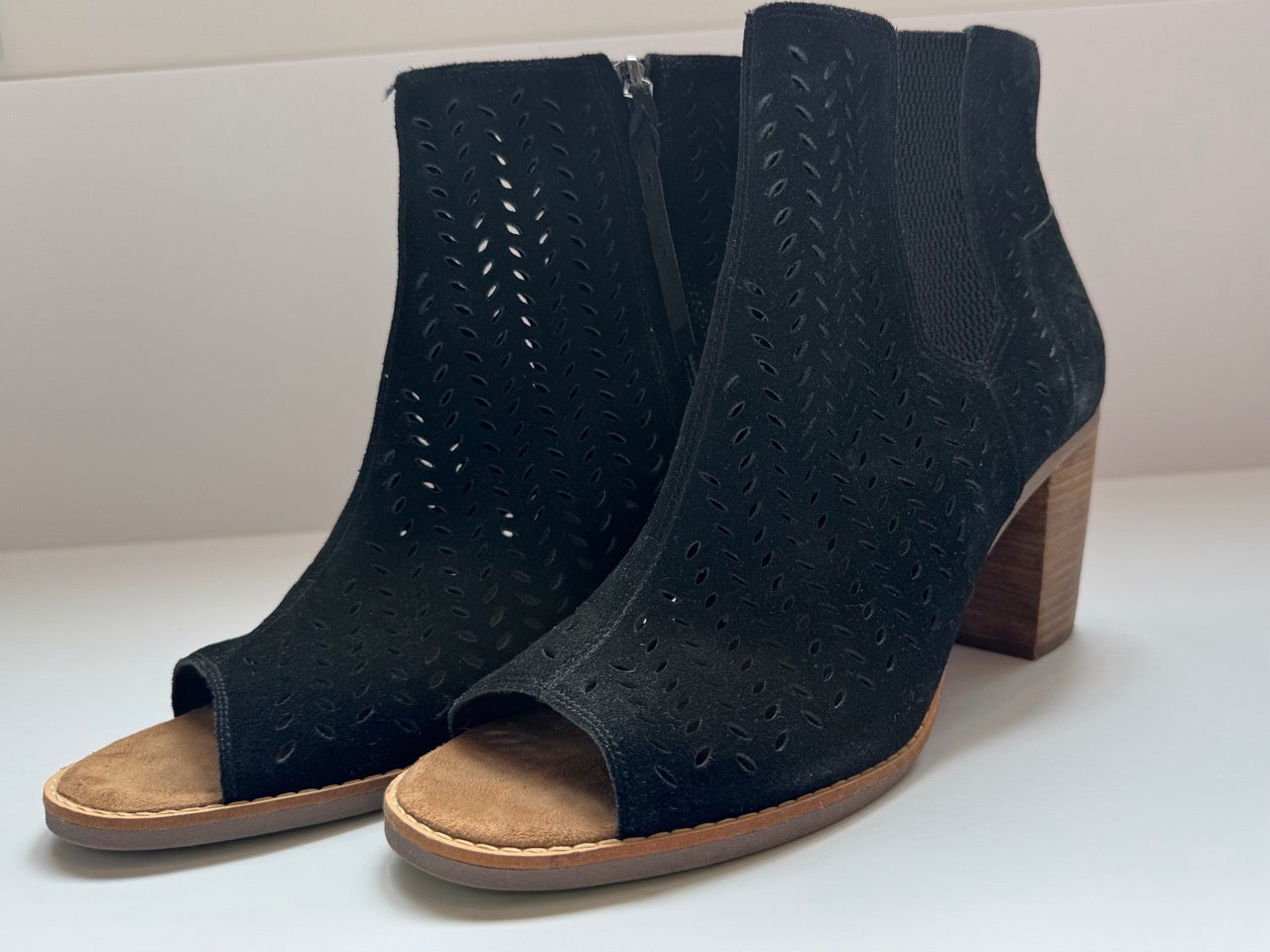 #35, TOMS | Size W11 | Black Suede Perforated Leaf Majorca Peep Toe Booties | Color: Black |