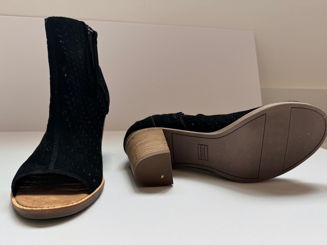 #35, TOMS | Size W11 | Black Suede Perforated Leaf Majorca Peep Toe Booties | Color: Black |