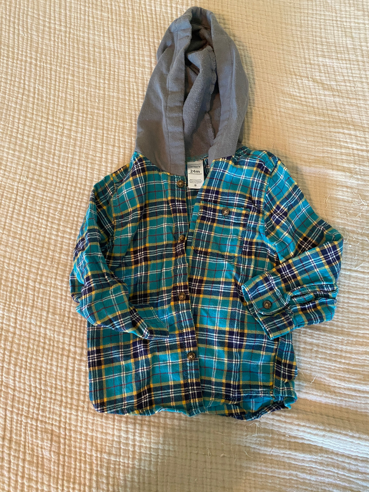 #63-Carters button up hooded flannel shirt (24 month)