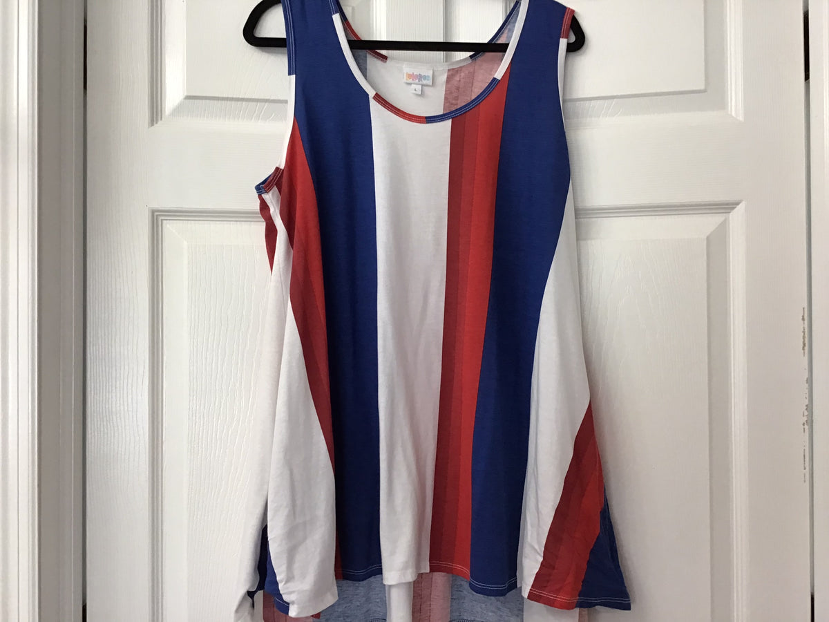 #90: LuLaRoe Women’s Red White & Blue Striped Sleeveless Tunic Top Size Large