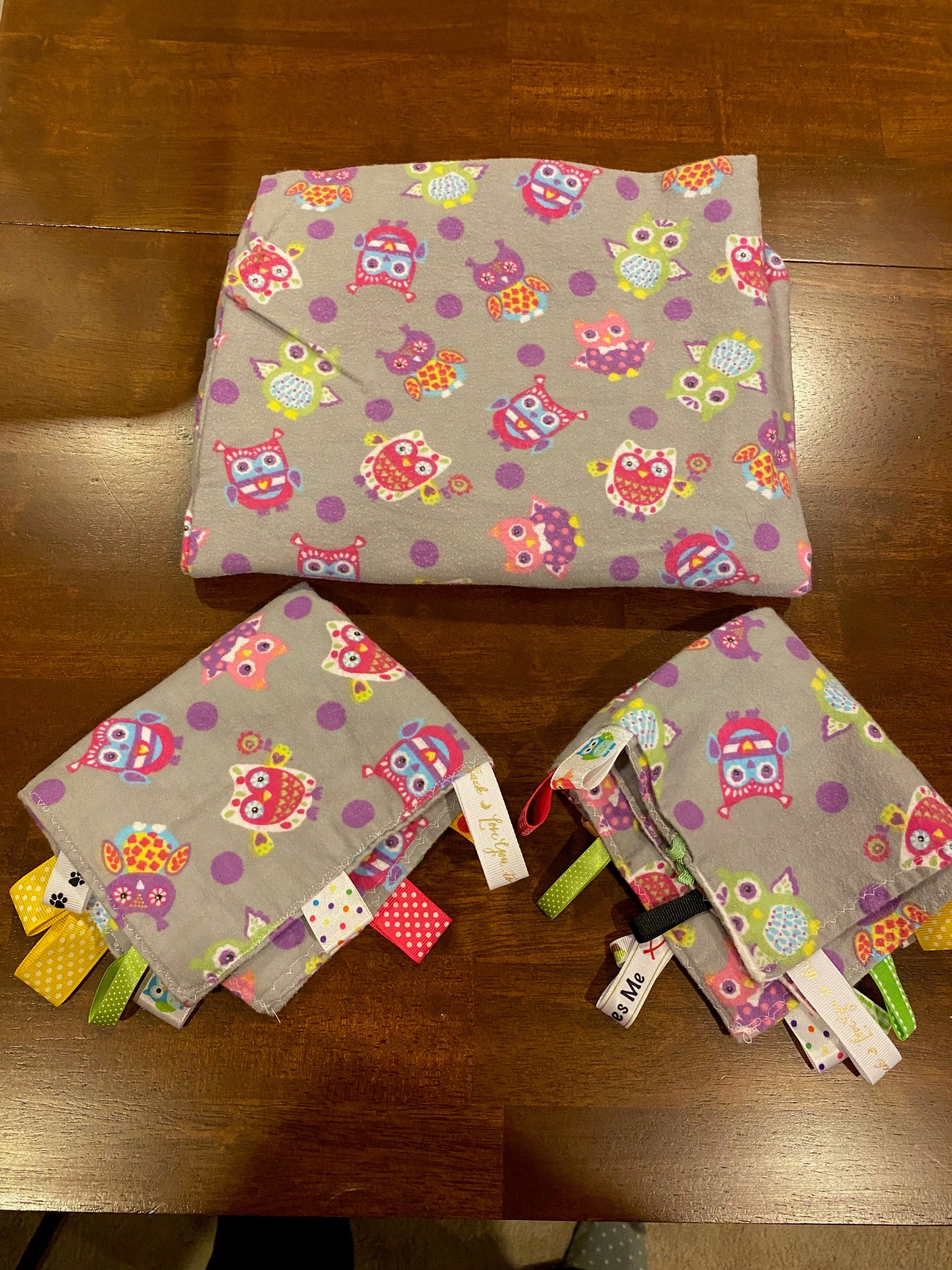 179 Grey/White Owl Blanket (1) with teether tag blankets (set of 2)