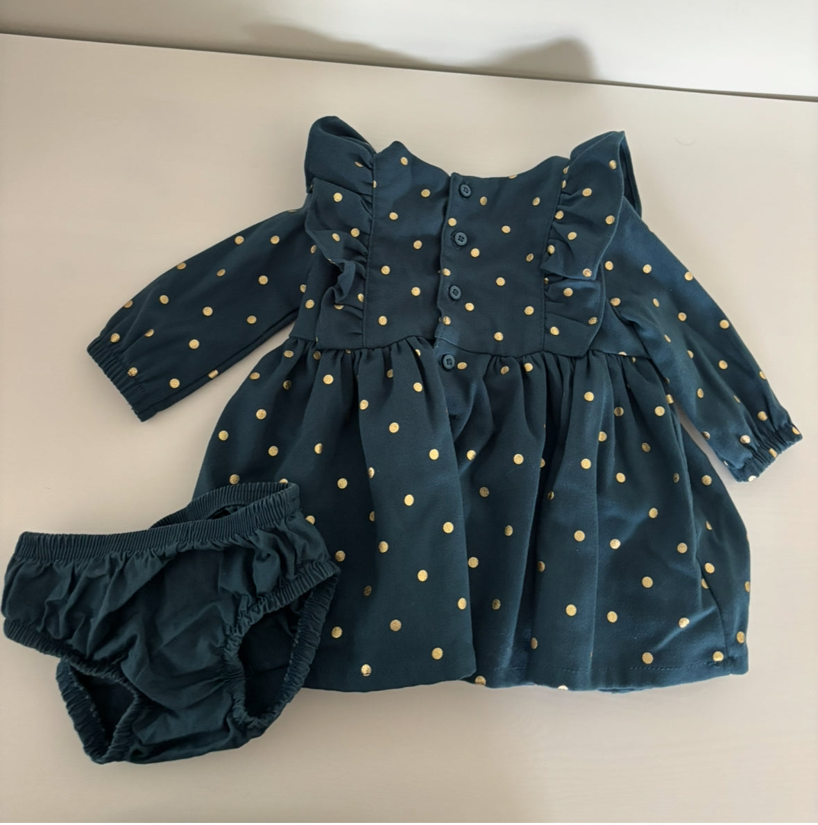 Seller #195 - Carter’s Carters Baby Girls Teal Blue Ruffle Gold Polka Dot Dress with Bloomers - Size 3 Months