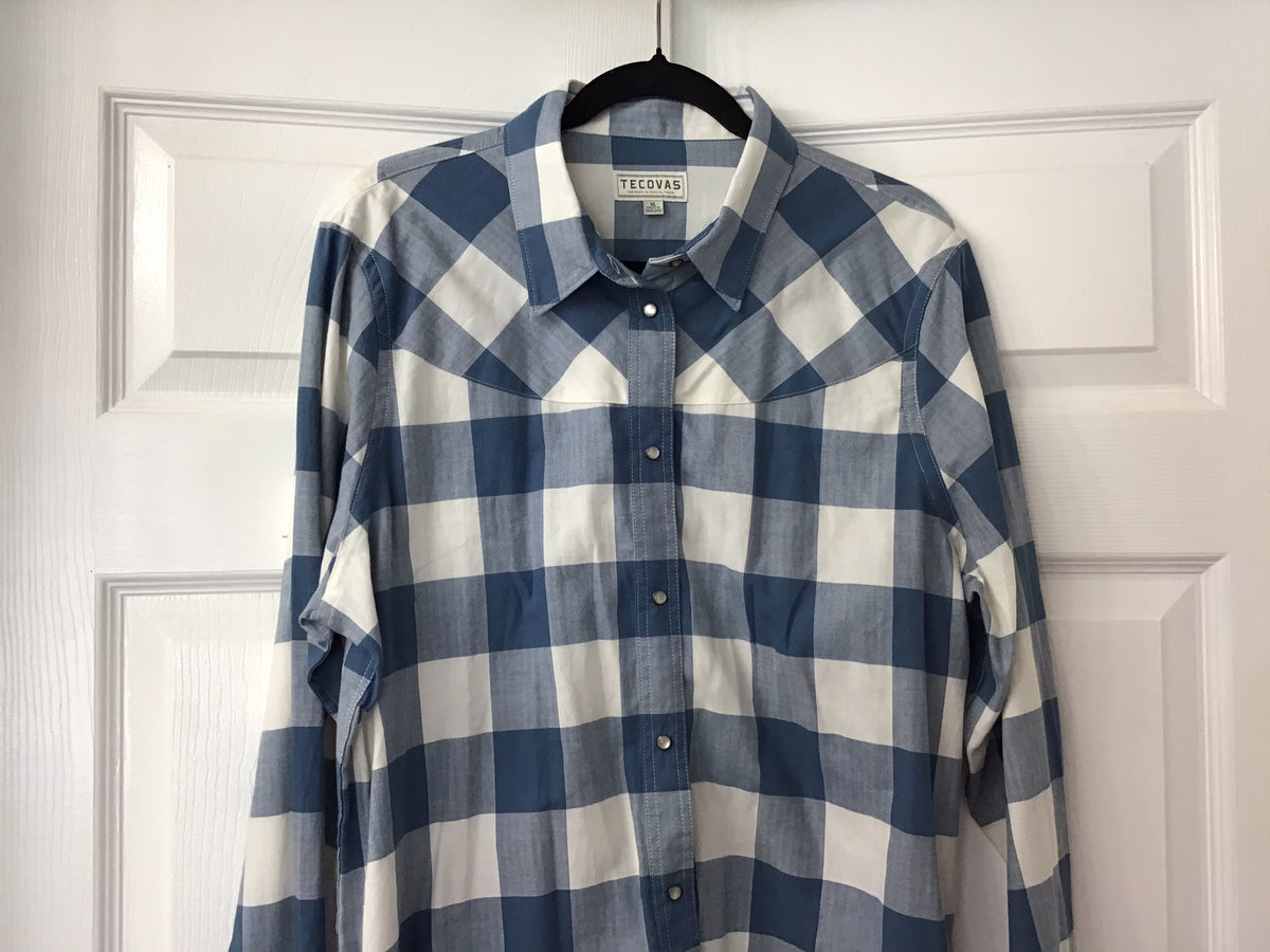 #90: Tecovas Blue & White Plaid Western Snap Shirt Size XL
