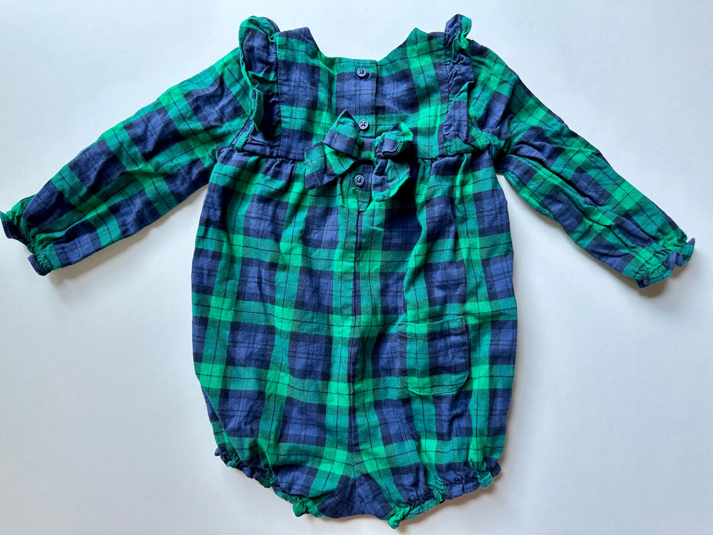 #104 Janie and Jack green/navy plaid romper girl 12-18 months, bow detail on back