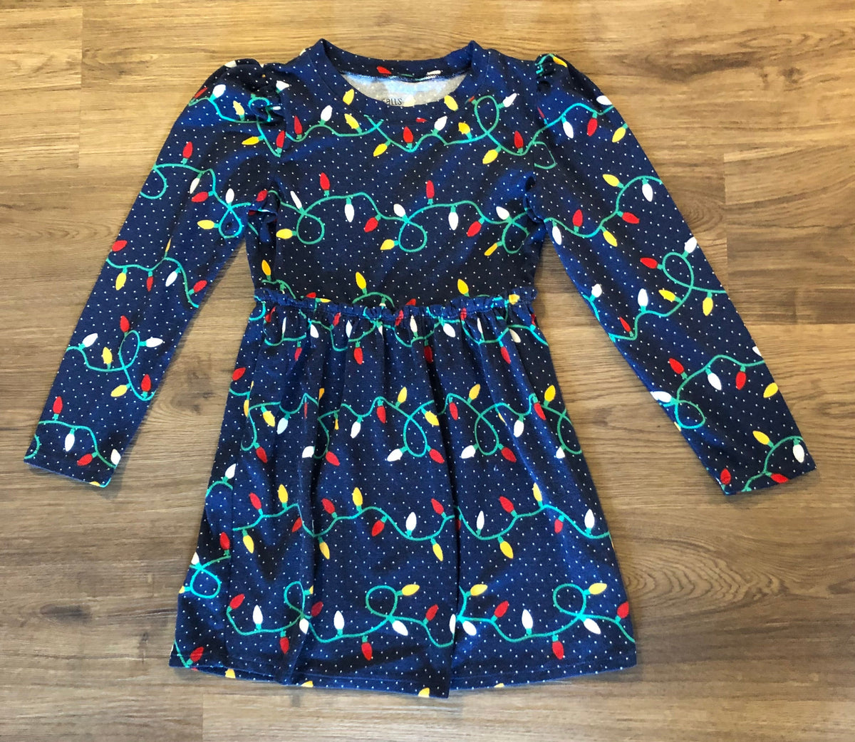 #137 Christmas lights dress girls 7/8 (soft and stretchy)