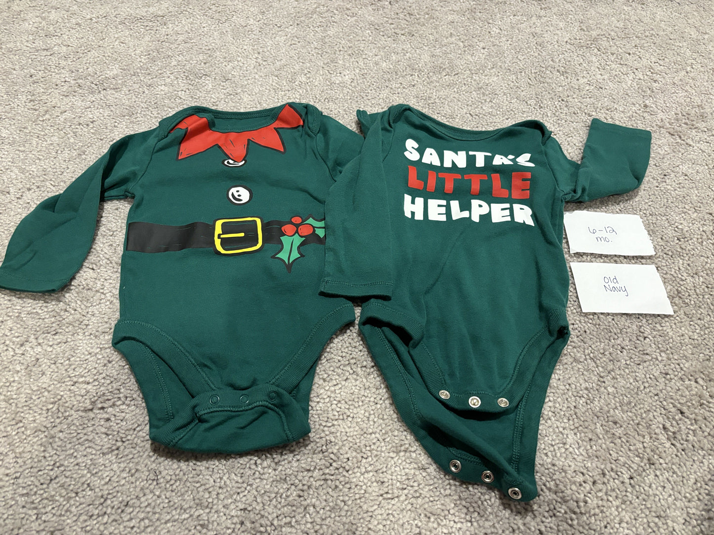 #138 - 6-12 Mo - VGUC Old Navy - 2 Pack LS Christmas Onesies (Elf + Santas Little Helper) - PU 45236
