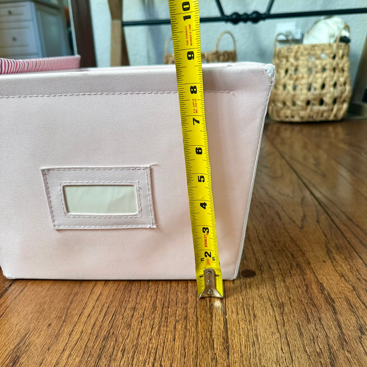 #113 Pink Fabric Bins set of 2, Pink+Purple stripe (17 x 14 x 9.5") and Light Pink (16 x 12 x 8.5")