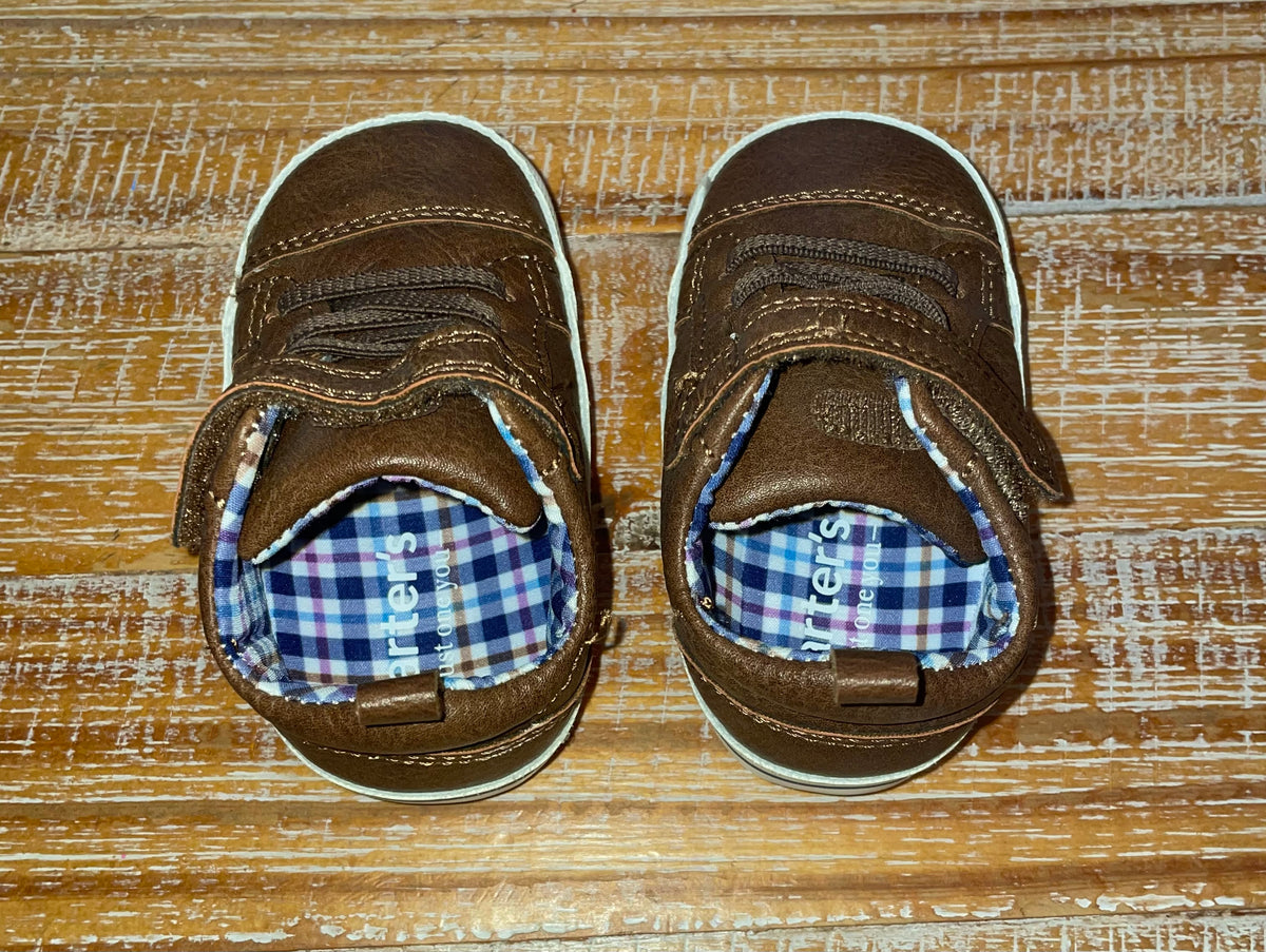 #4 Carter's Brown Faux Leather Crib Shoes Boys 6-12 months