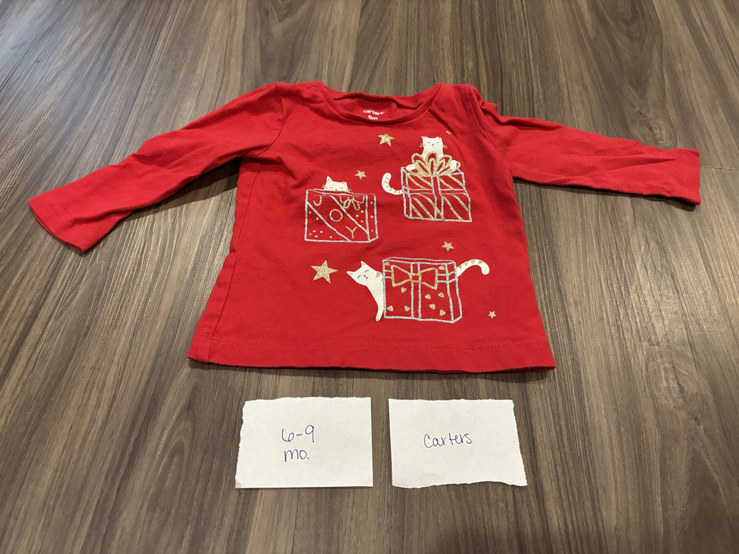 #138 - 6-9 Mo - VGUC Carters - Christmas Cat Presents LS Shirt - PU 45236