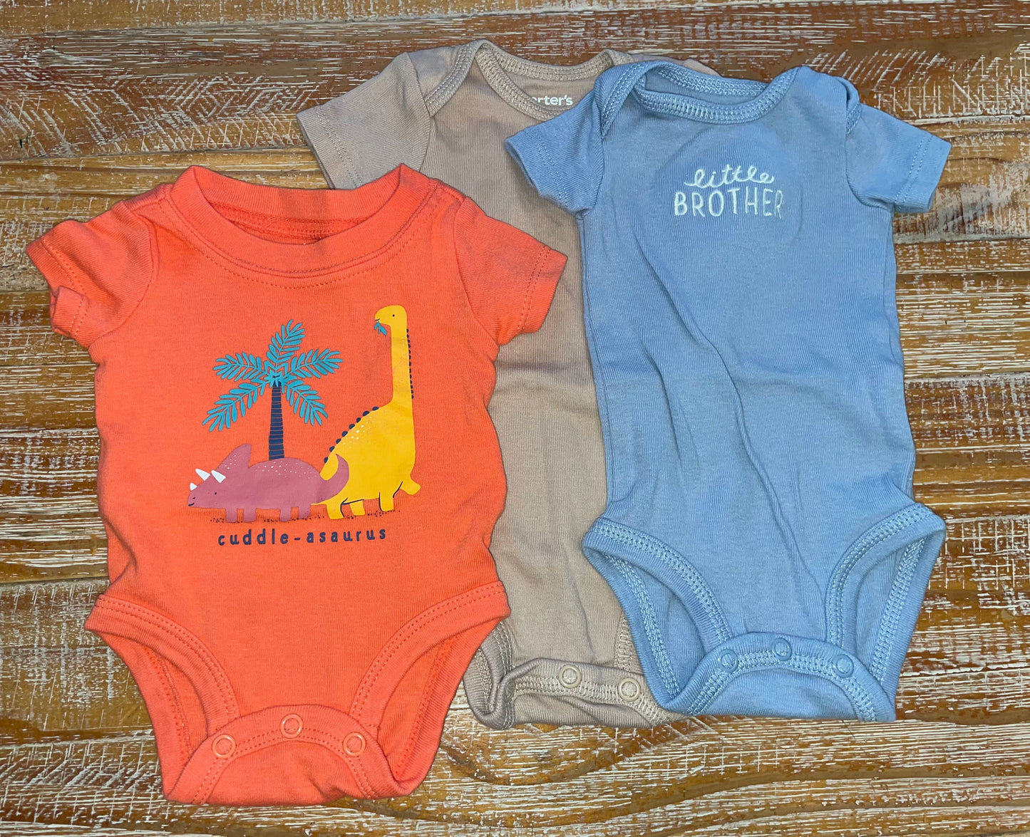 Seller #3 Carter's NB Onesies (Little Brother, Cuddle -asaurus, brown) (set of 3)