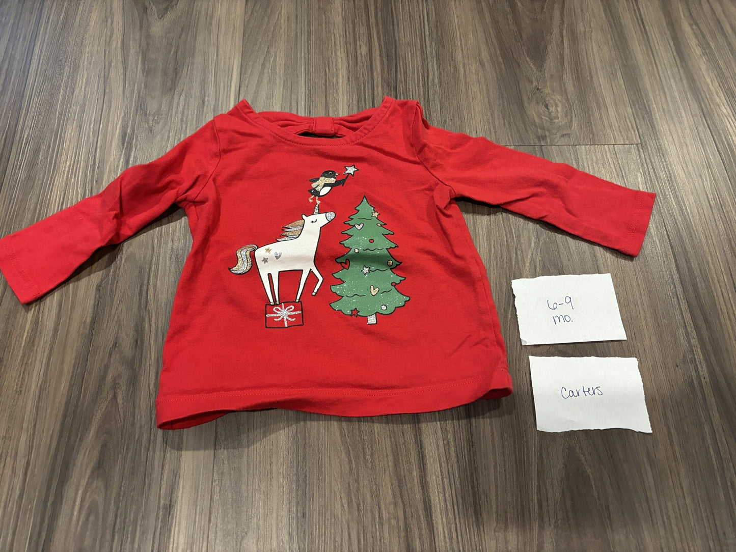 #138 - 6-9 Mo - EUC Carters - Red LS Christmas Horse/Tree Shirt - PU 45236
