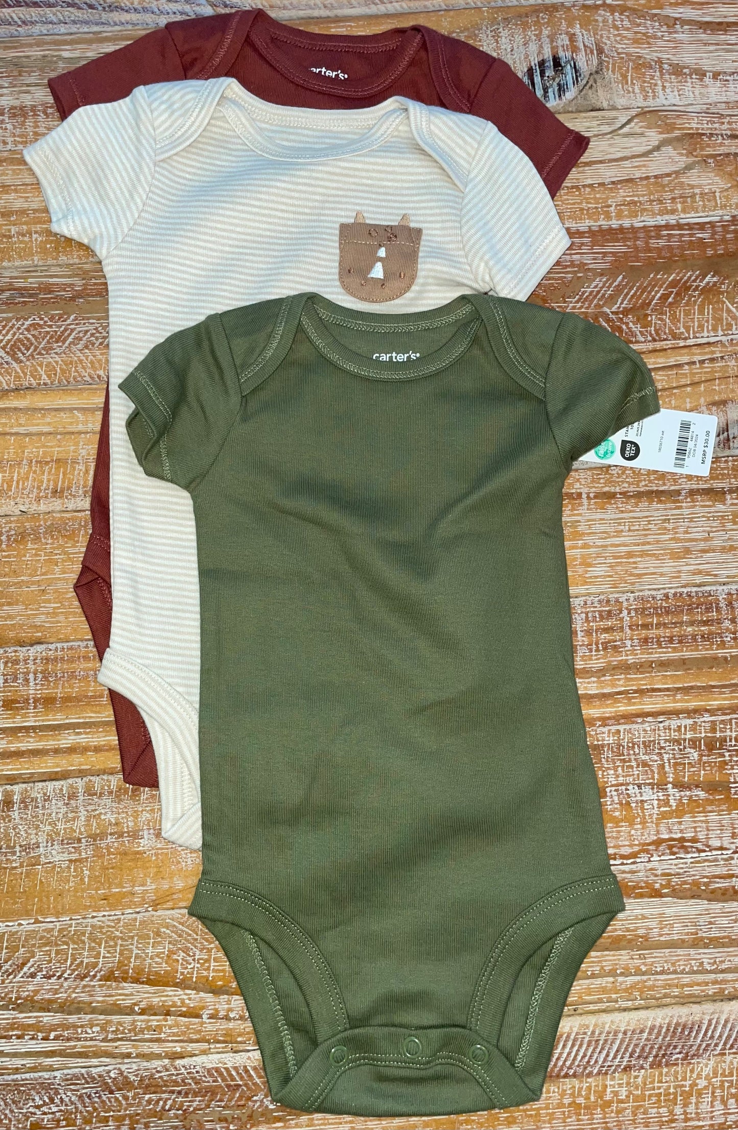 Seller #3 Carter's Olive Green, Maroon, and Cream Onesies 6 mos (set of 3)