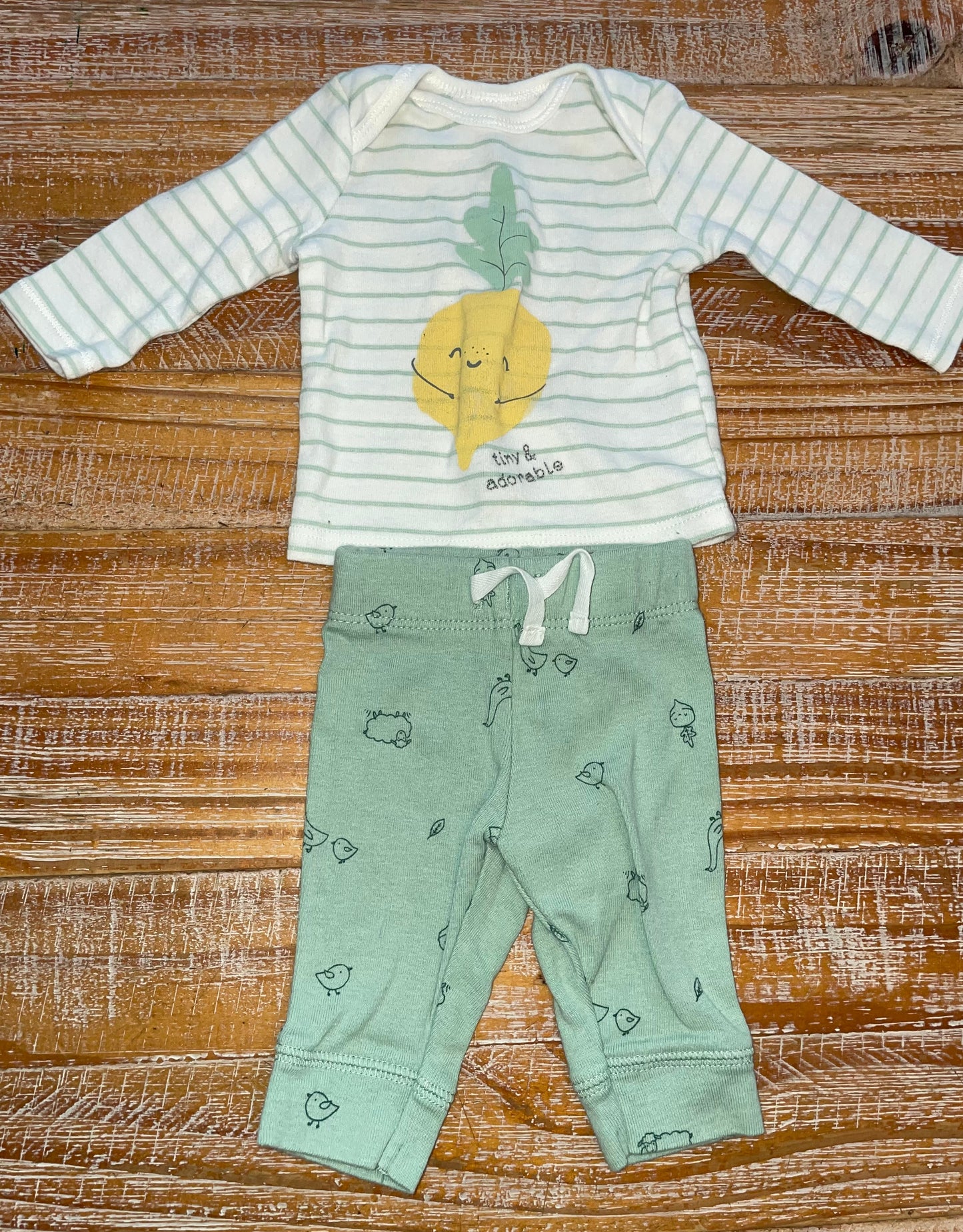 Seller #3 Carter's NB White with Green Stripes Long Sleeve and Green Pant Outfit