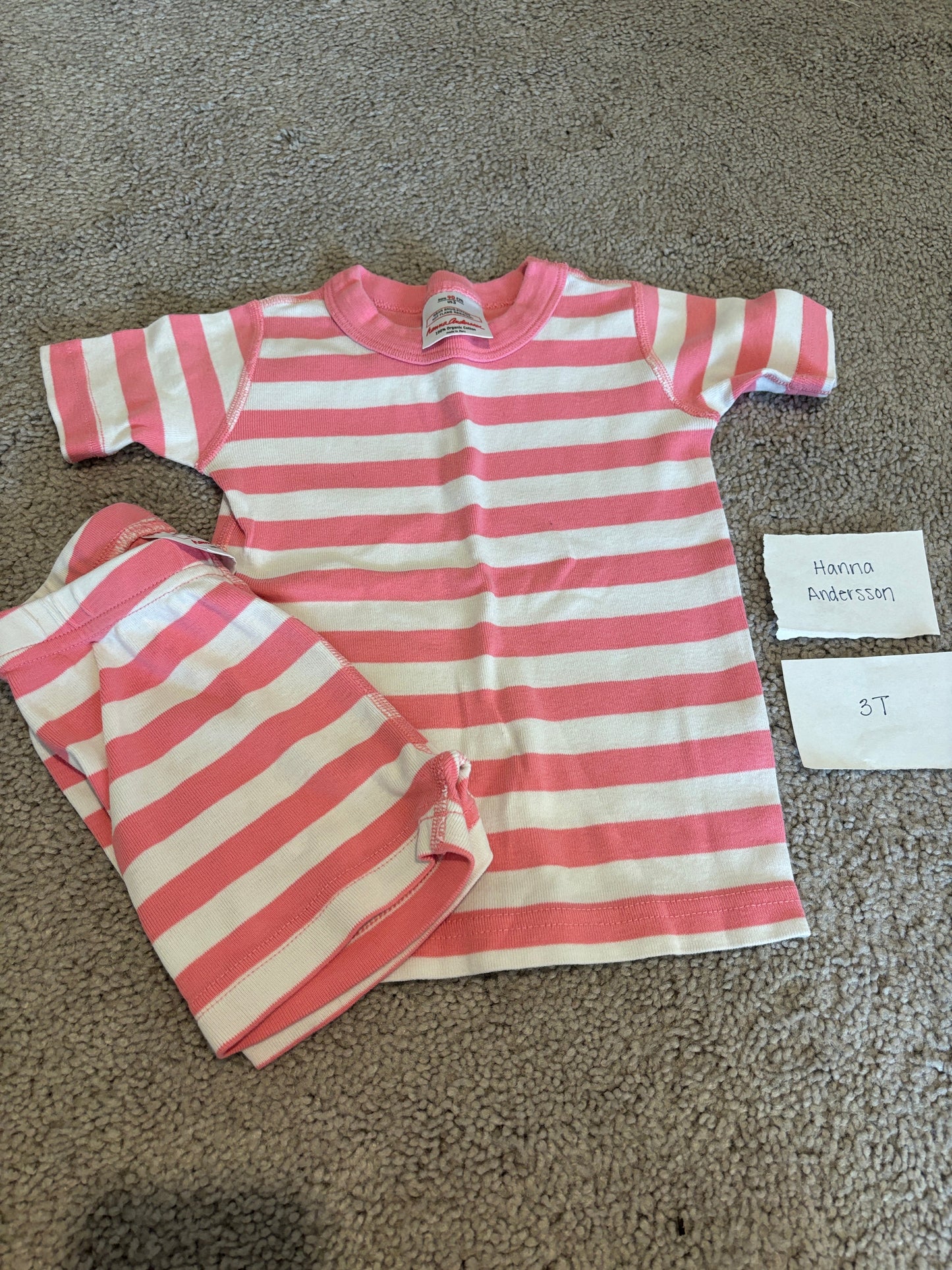 #77 - 3T - VGUC Hanna Andersson - Pink/White Striped Shorts/Tshirt PJs