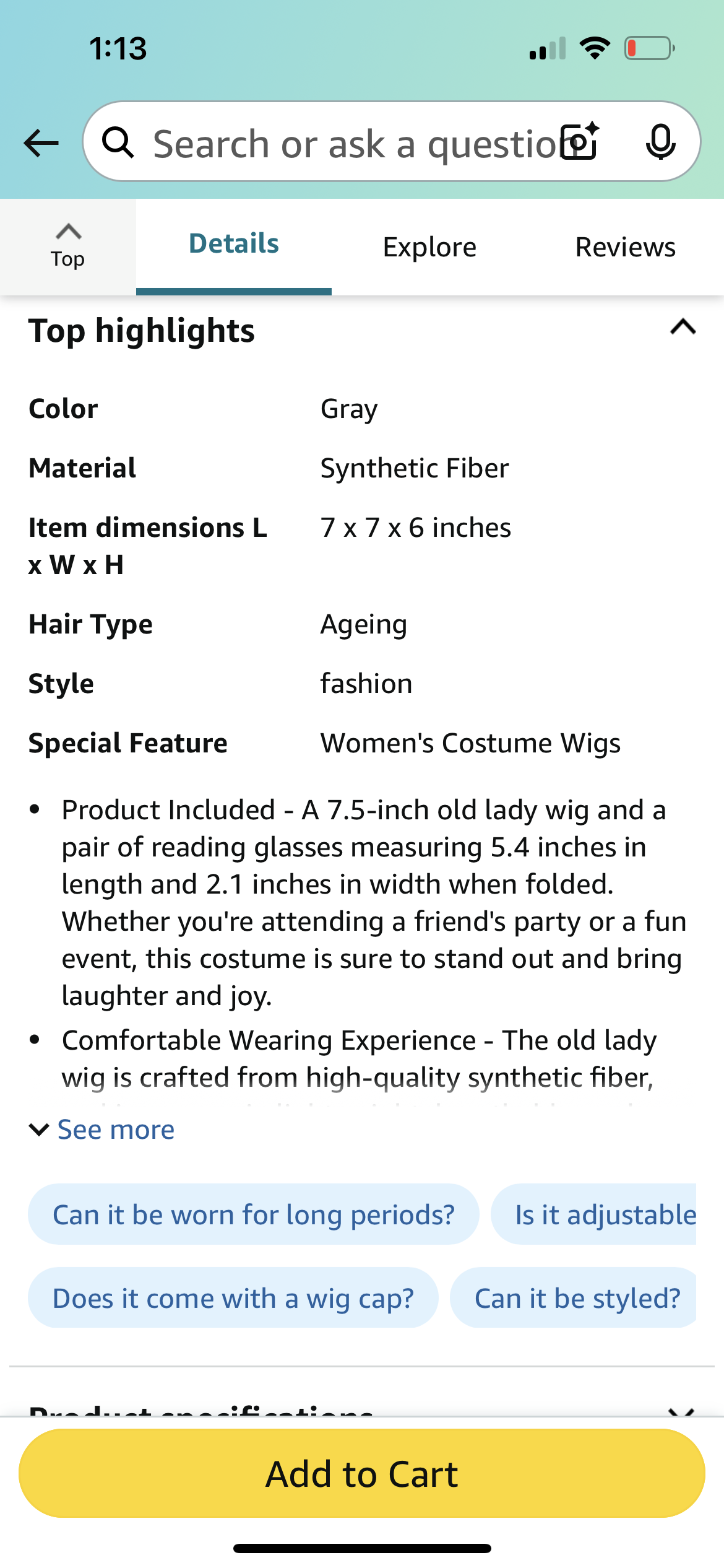 PPU 45241 NEW Granny Wig 100 Days of School Hair Gray Hair Wig + glasses