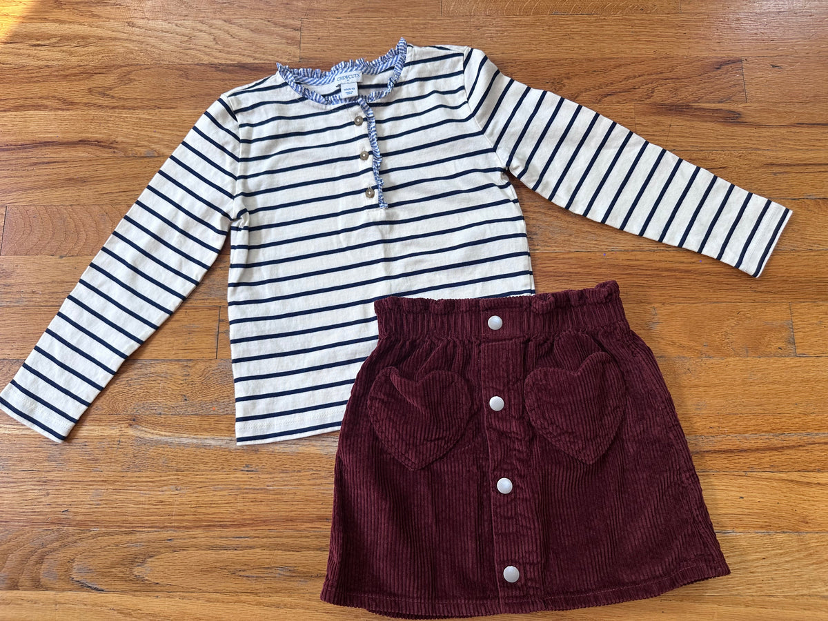 #104 Girl bundle: XS (4/5) Crewcuts tops white w/navy stripe, 5T Old Navy corduroy skirt