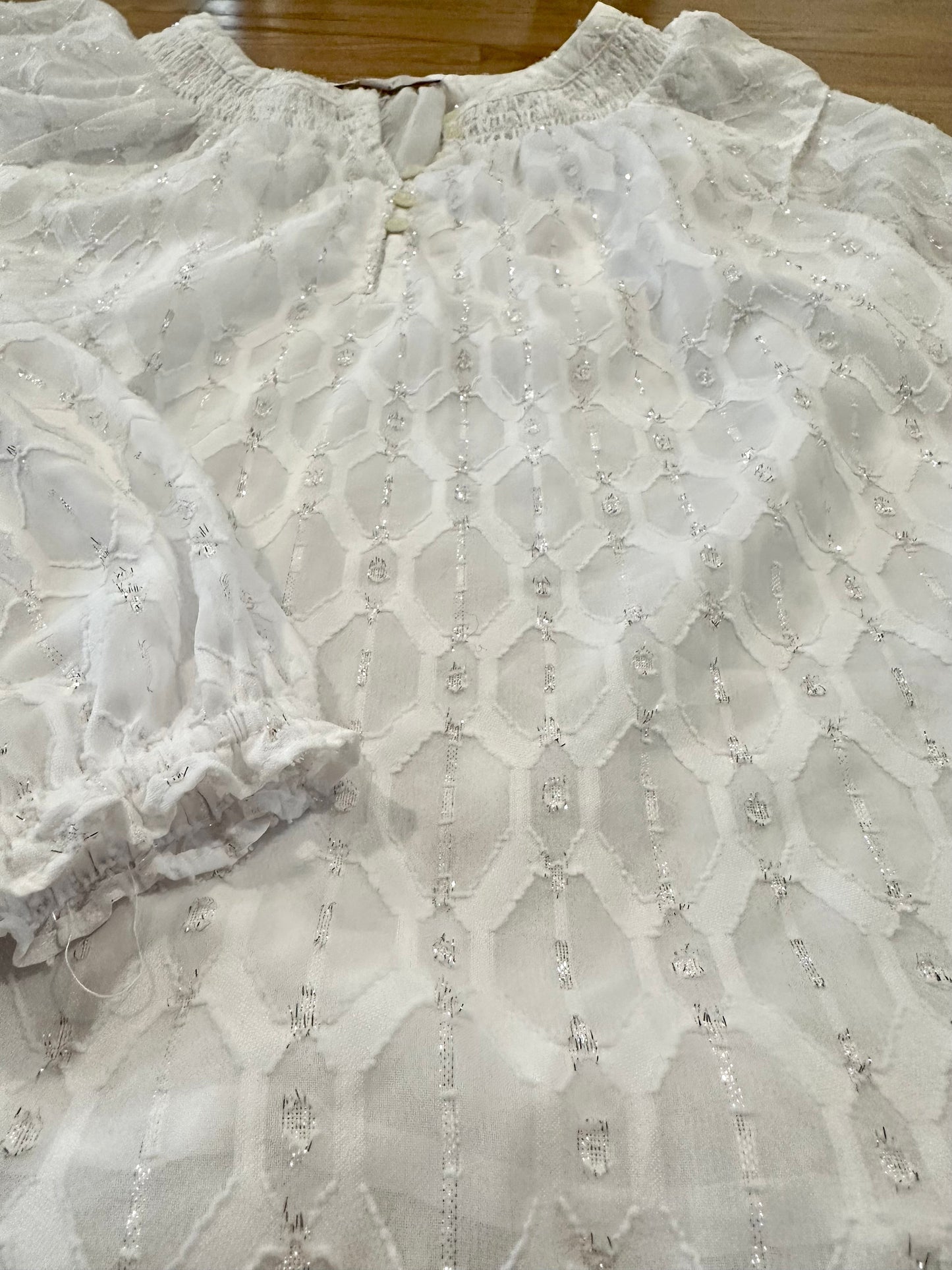 #198- Women’s, Loft, White Shimmer Blouse- Medium