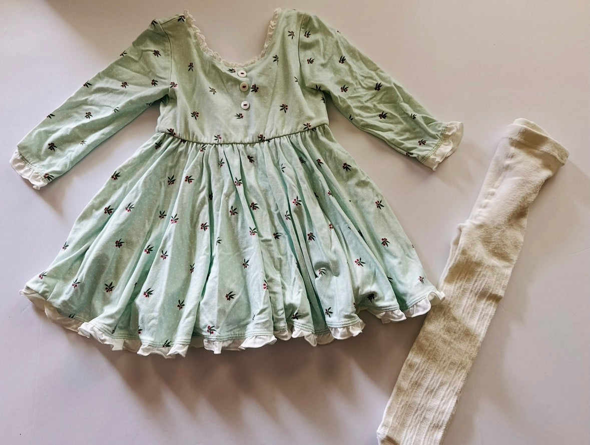 # 92 Girls 18 month Omi Jo boutique green holly holiday dress and white tights