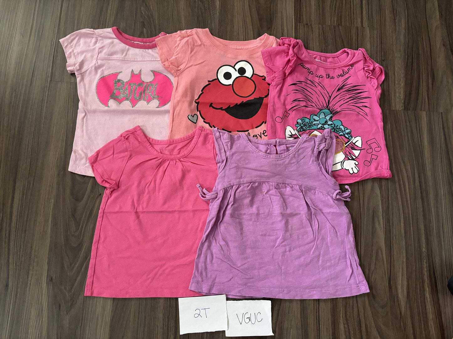 #138 - 2T VGUC (5) Shirts (Batgirl, Elmo, Trolls, Pink, Purple)