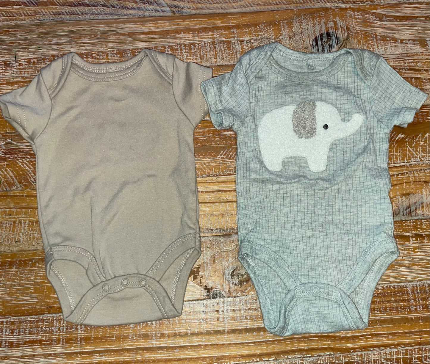 Seller #3 Dreamgro Gender Neutral Onesies 0-3 mos tan and gray with elephant (two)